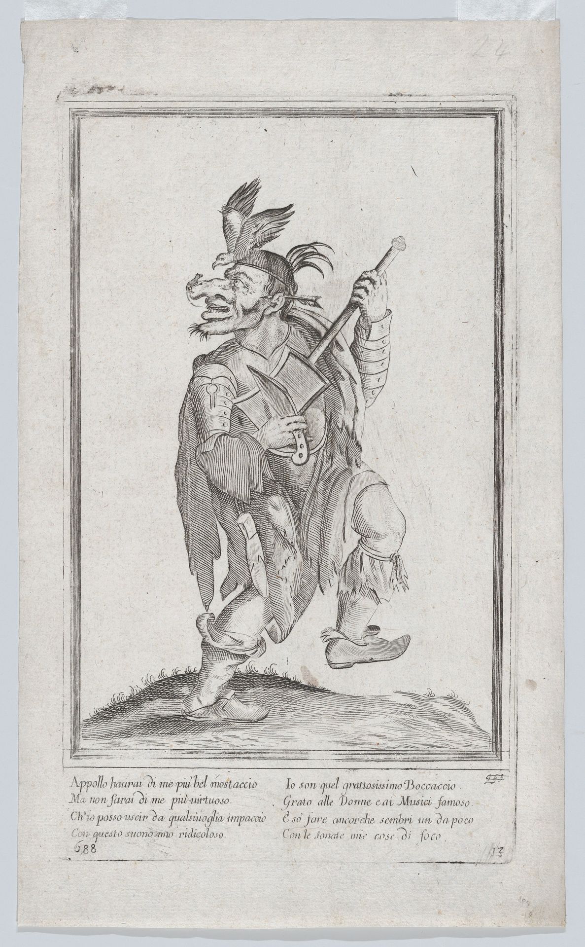 A caricature figure representing a street musician(?) with a mouse (lizard?) on his nose and a bird on his head by Anonymous