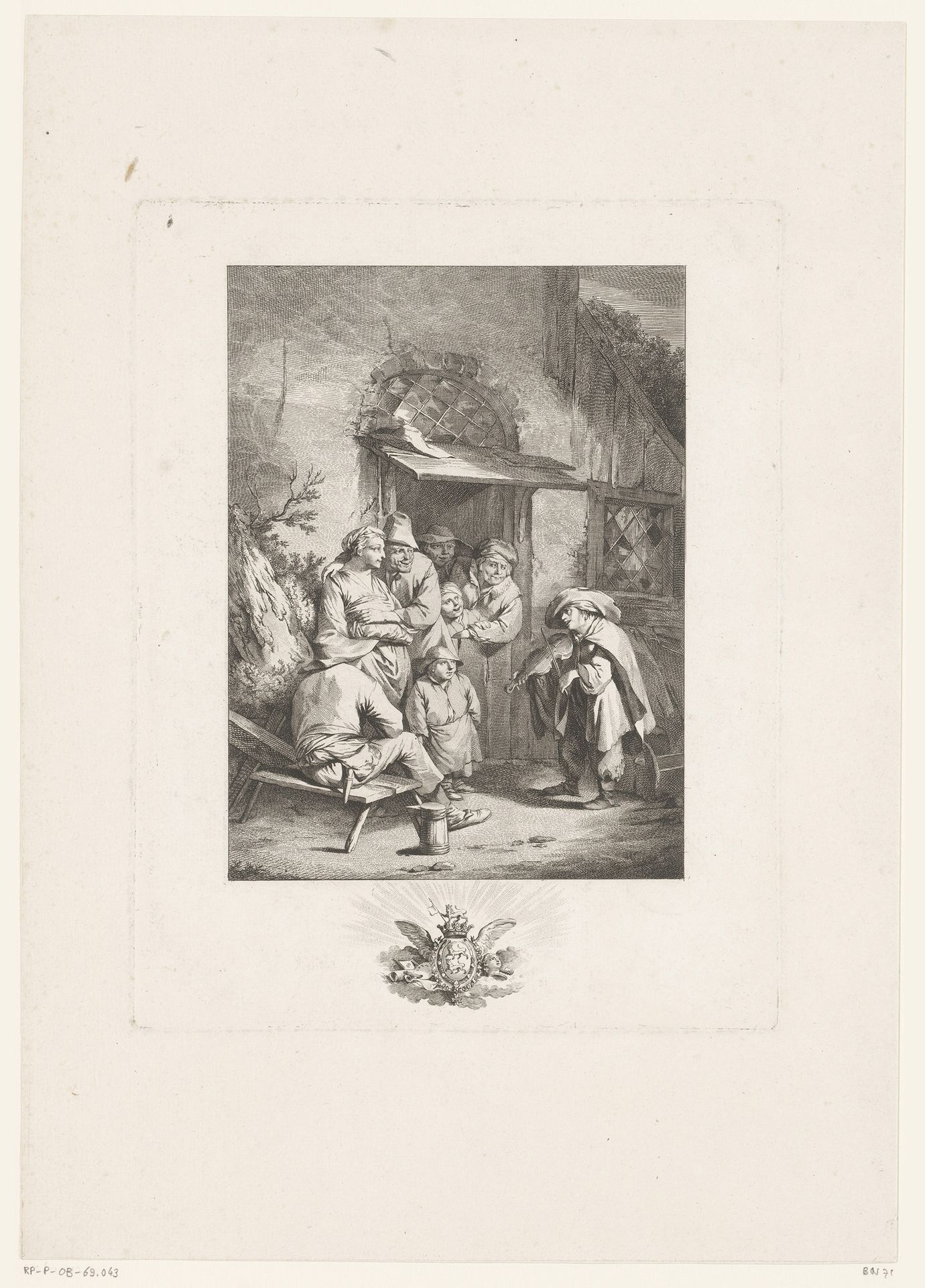 Vioolspelende muzikant voor een huis met luisterende figuren by Jacques Philippe Le Bas