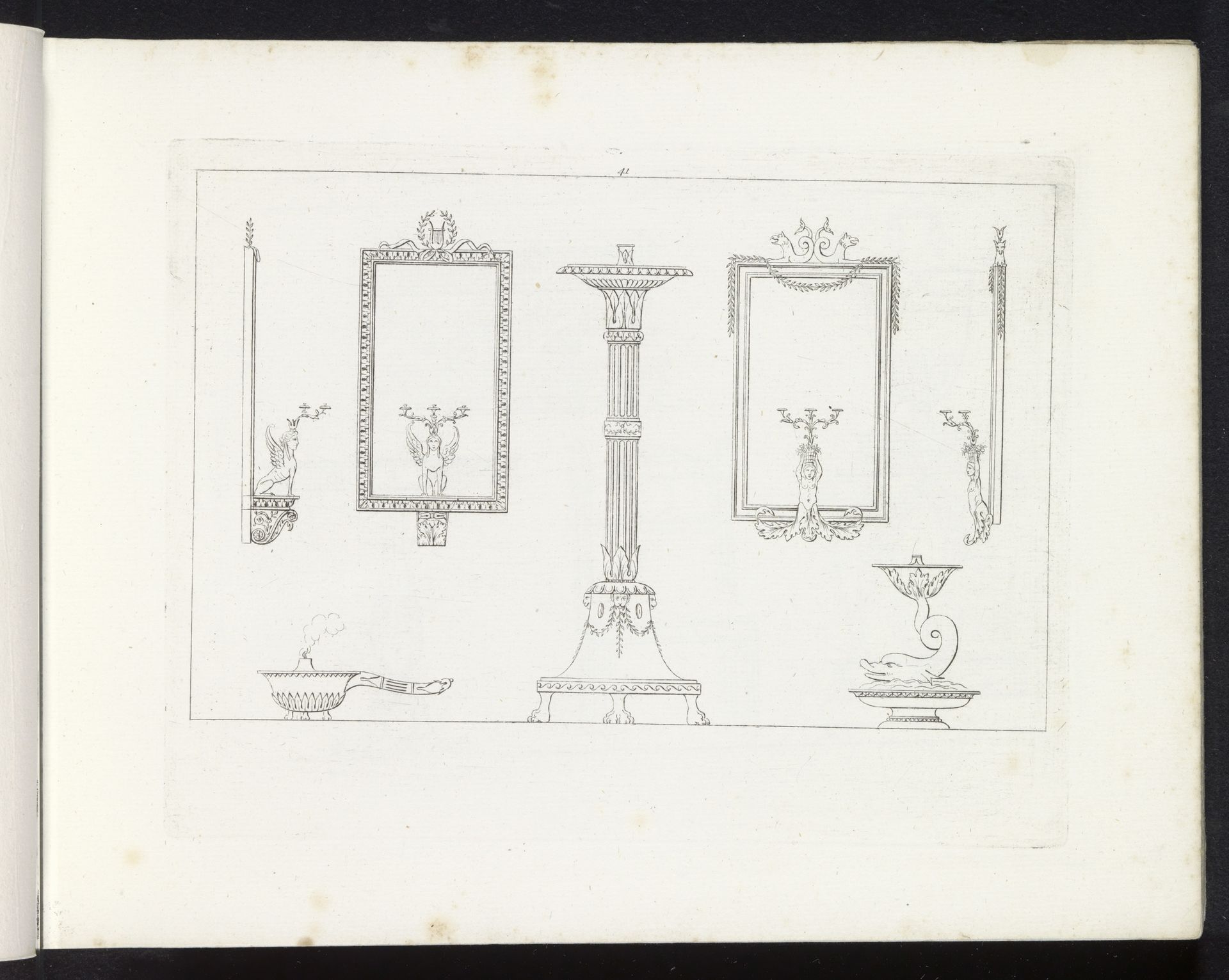 Vier spiegels met kandelaars, twee staande kandelaars en een oliebrander by Pietro Ruga