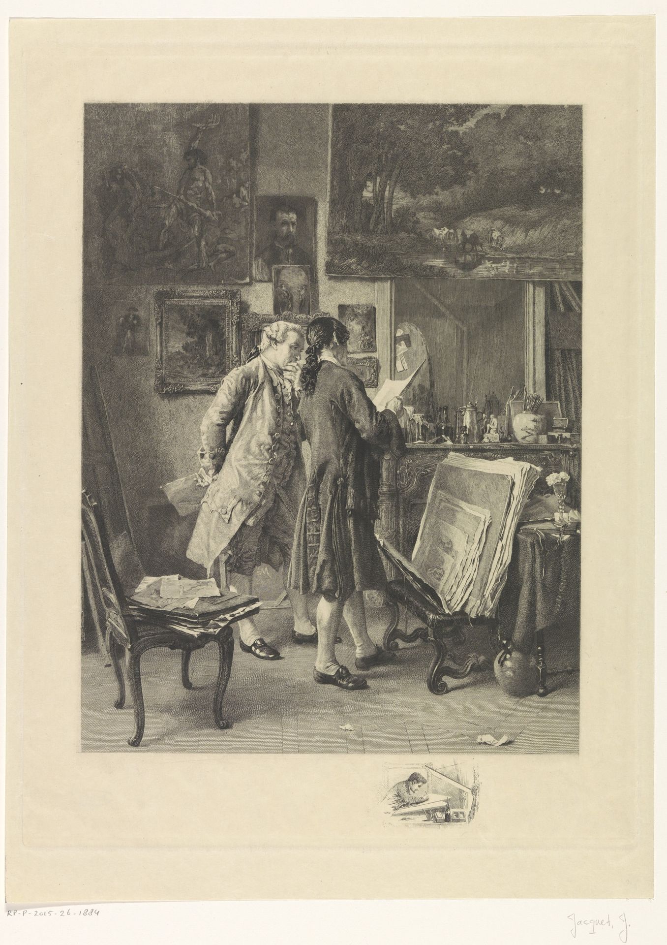 Twee mannen bekijken prenten by Jules Jacquet
