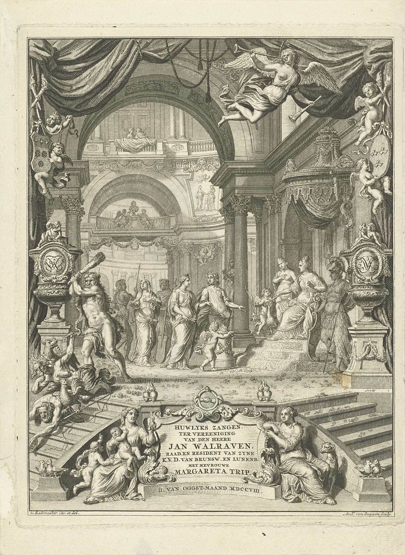 Titelpagina voor: Huwlykszangen ter vereeniging van den heere Jan Walraven, raadt (...) van zyne keurvorstelyke doorluchtigheit van Brunswyk en Lunenburg. Met mevrouwe Margareta Trip. Amsterdam, 108 by Andries van (Sr.) Buysen