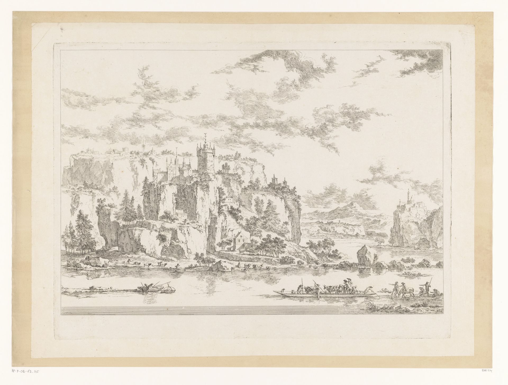 Rivierlandschap met een kasteel op een klif by Gabriel Huquier