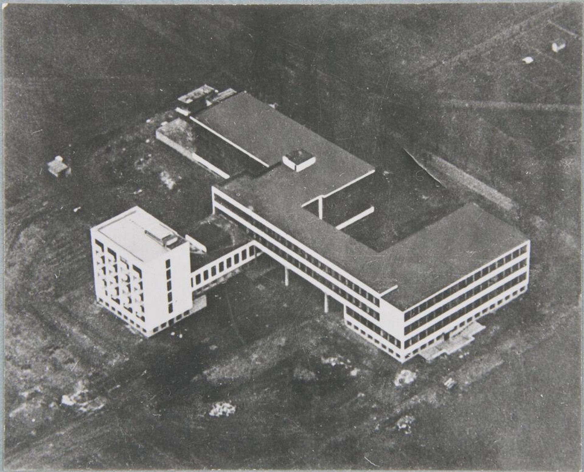 Bauhaus Building, Dessau, 1925-1926: Aerial view by Robert Petschow