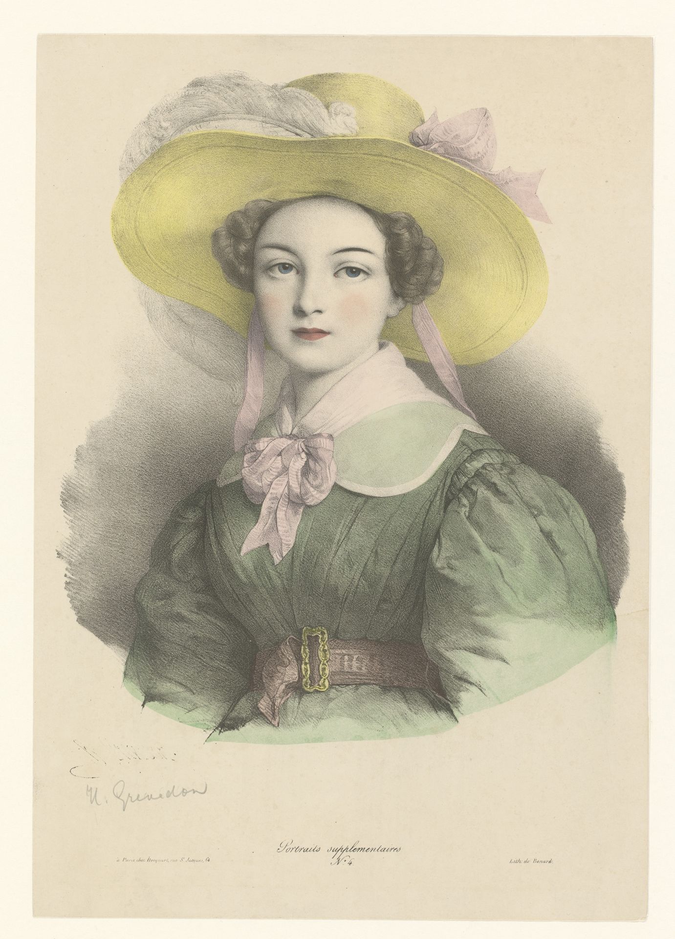 Portret van een jonge vrouw met hoed met veer en strik by Henri Grevedon