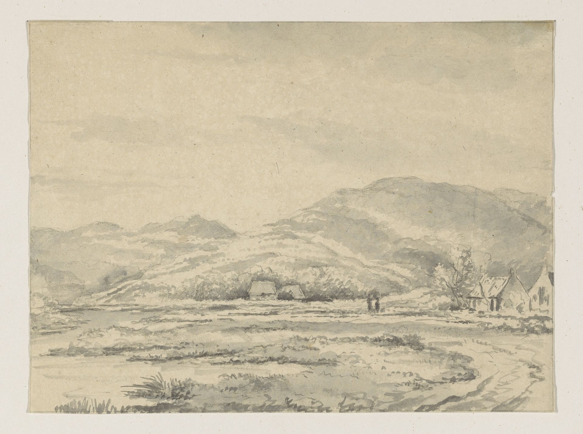 Heuvellandschap met enkele huizen en links een rivier by Pieter George Westenberg