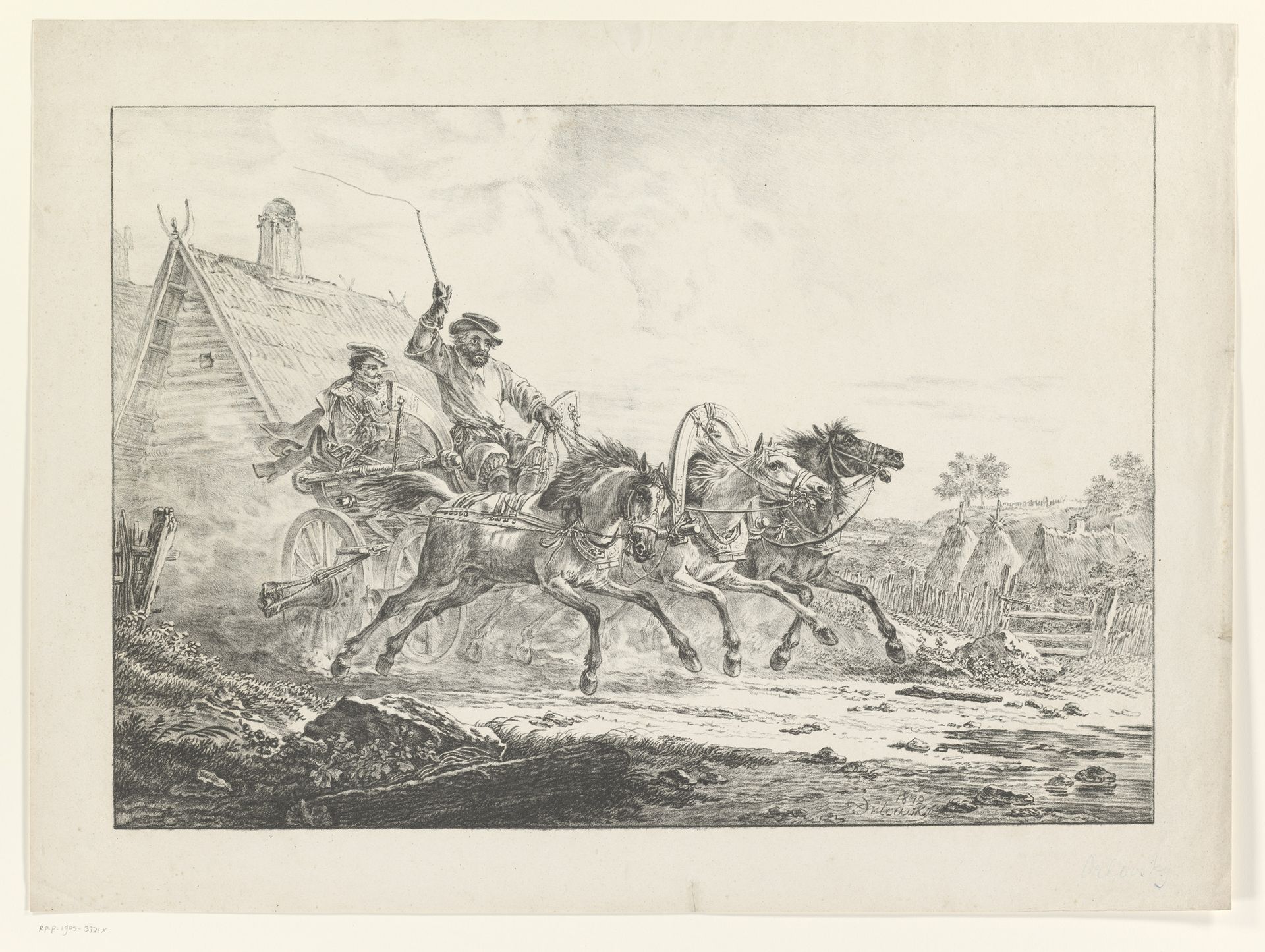 Twee mannen in een rijtuig met drie paarden by Alexander Orlowski