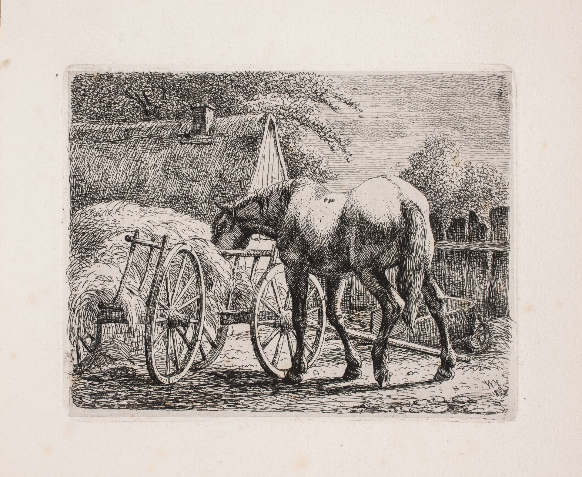 Et gårdsrum med en ædende hest by Johannes Wilhelm Zillen