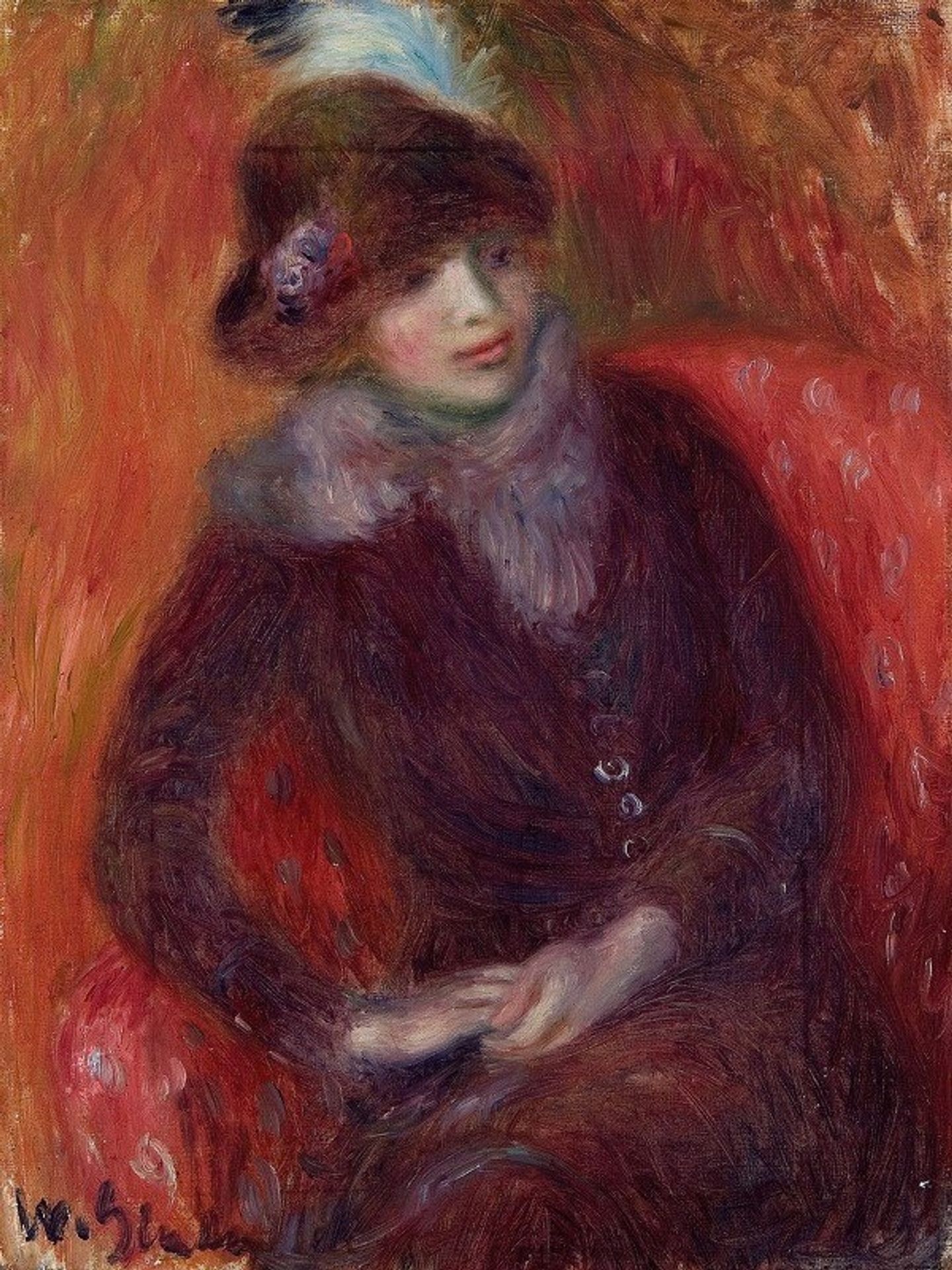 Seated Woman with Fur Neckpiece and Red Background by William James Glackens