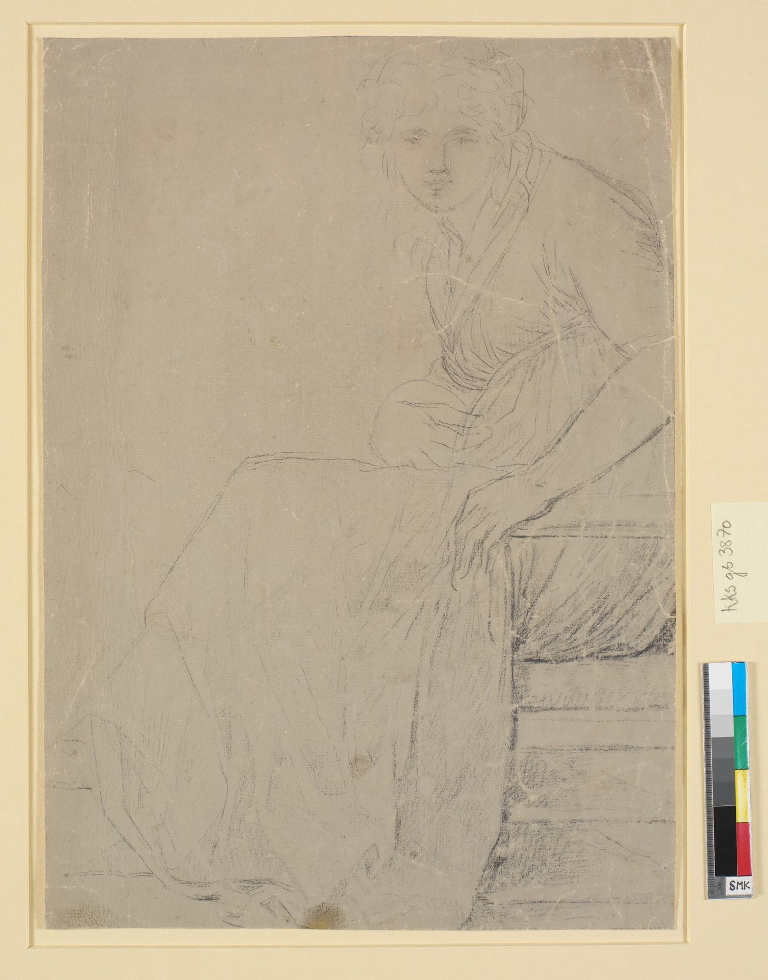 Profilbillede i hel figur, hovedet dog en face, af kunstnerens anden hustru, som frugtsommelig by Nicolai Abildgaard