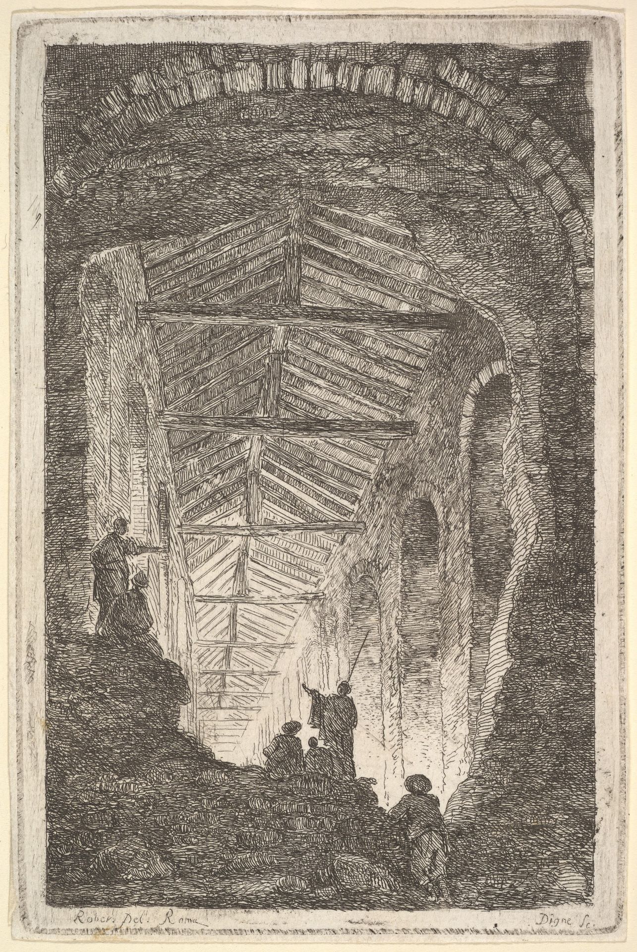 Plate 10: The Ancient Gallery: a large covered gallery, light entering from the background, six figures standing atop piles of rocks in the foreground, from "Les soirées de Rome" by Hubert Robert