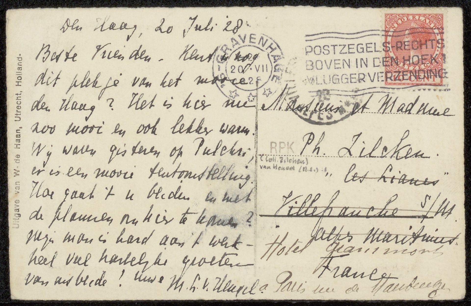 Prentbriefkaart aan Henriette Wilhelmina van Baak en Philip Zilcken by M.L. van Heuvel