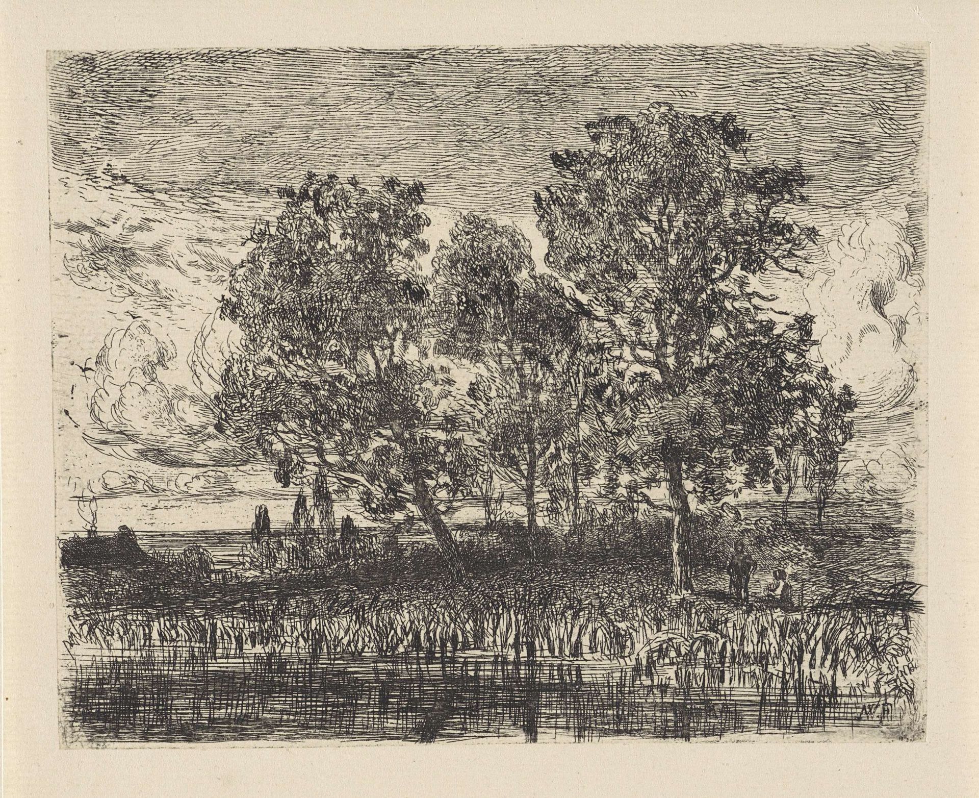 Drie bomen aan een oever by Augustinus Jacobus Bernardus Wouters
