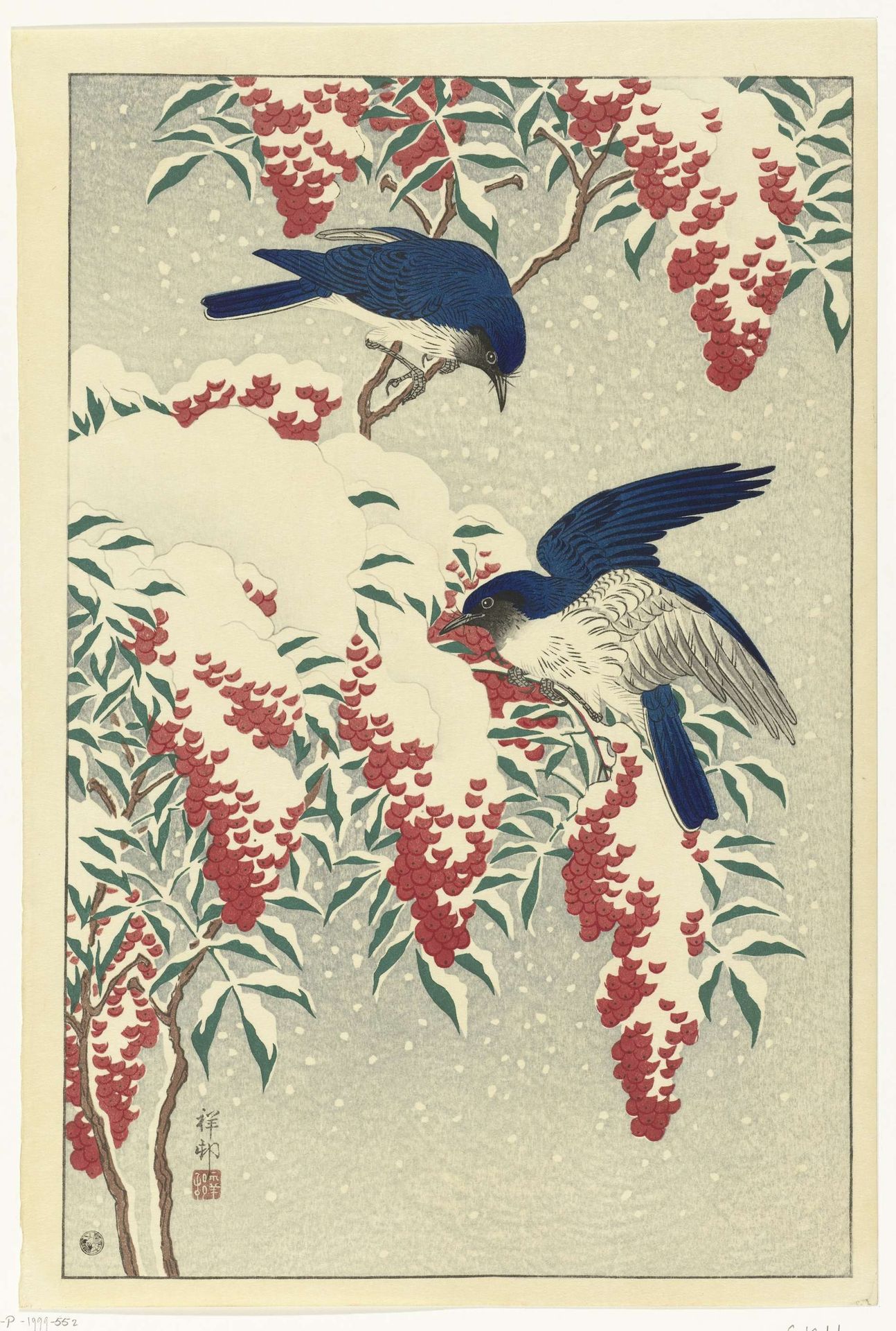Vliegenvangers op een nandinastruik by Ohara Koson