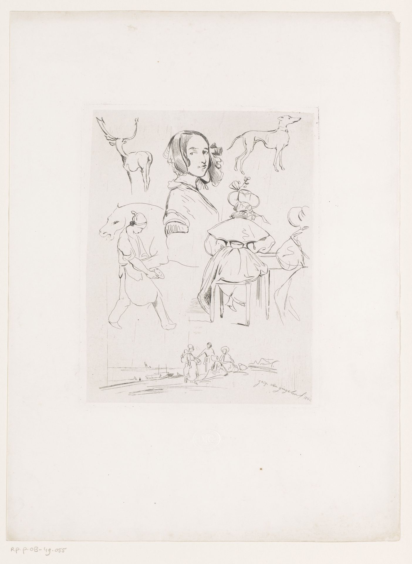 Studie van onder andere vrouwen, een hoefsmid, een hert en een hond by Jacques Van Gingelen