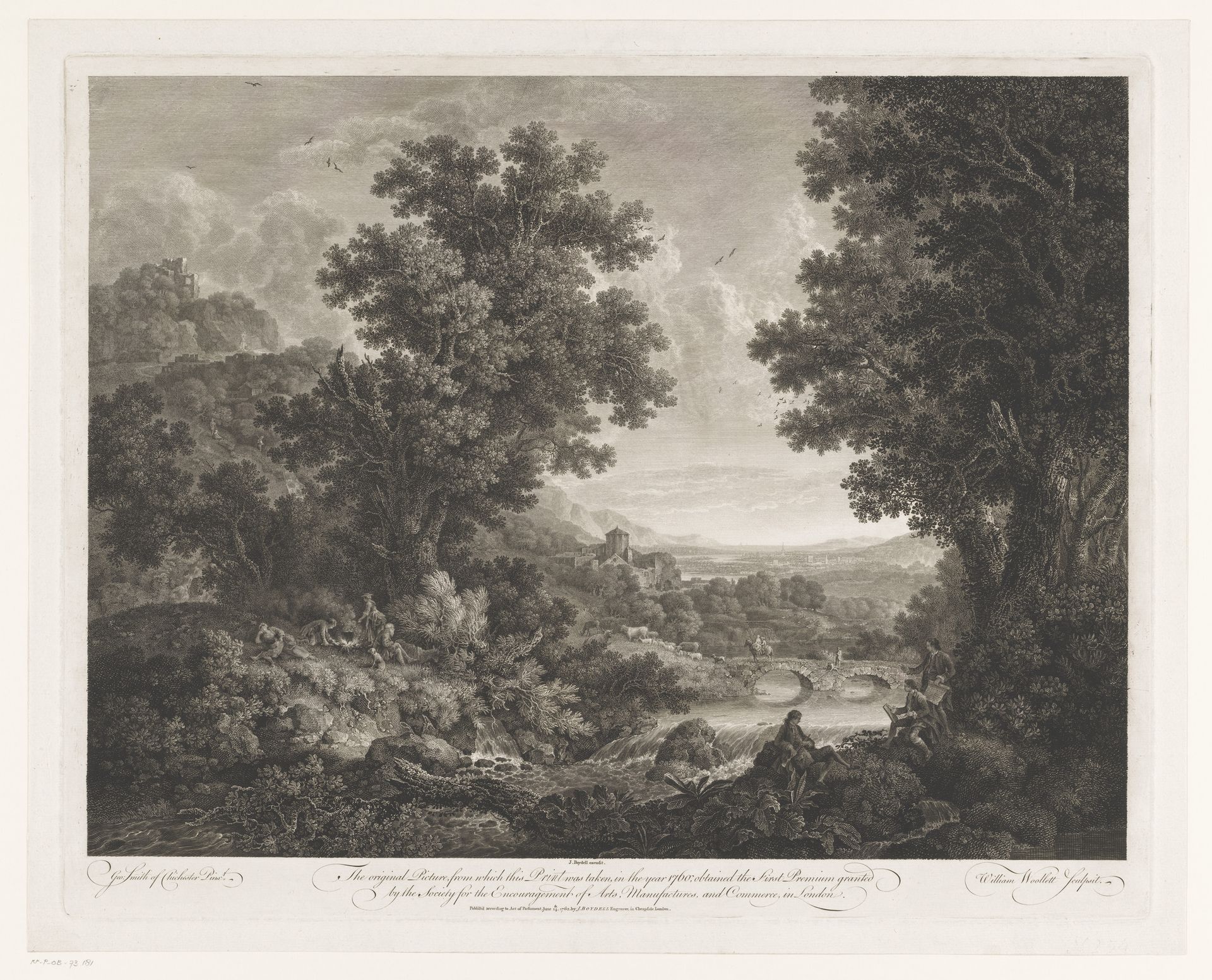 Landschap met figuren rondom een vuur en tekenaar en schalmeispeler aan de oever van een rivier by William Woollett
