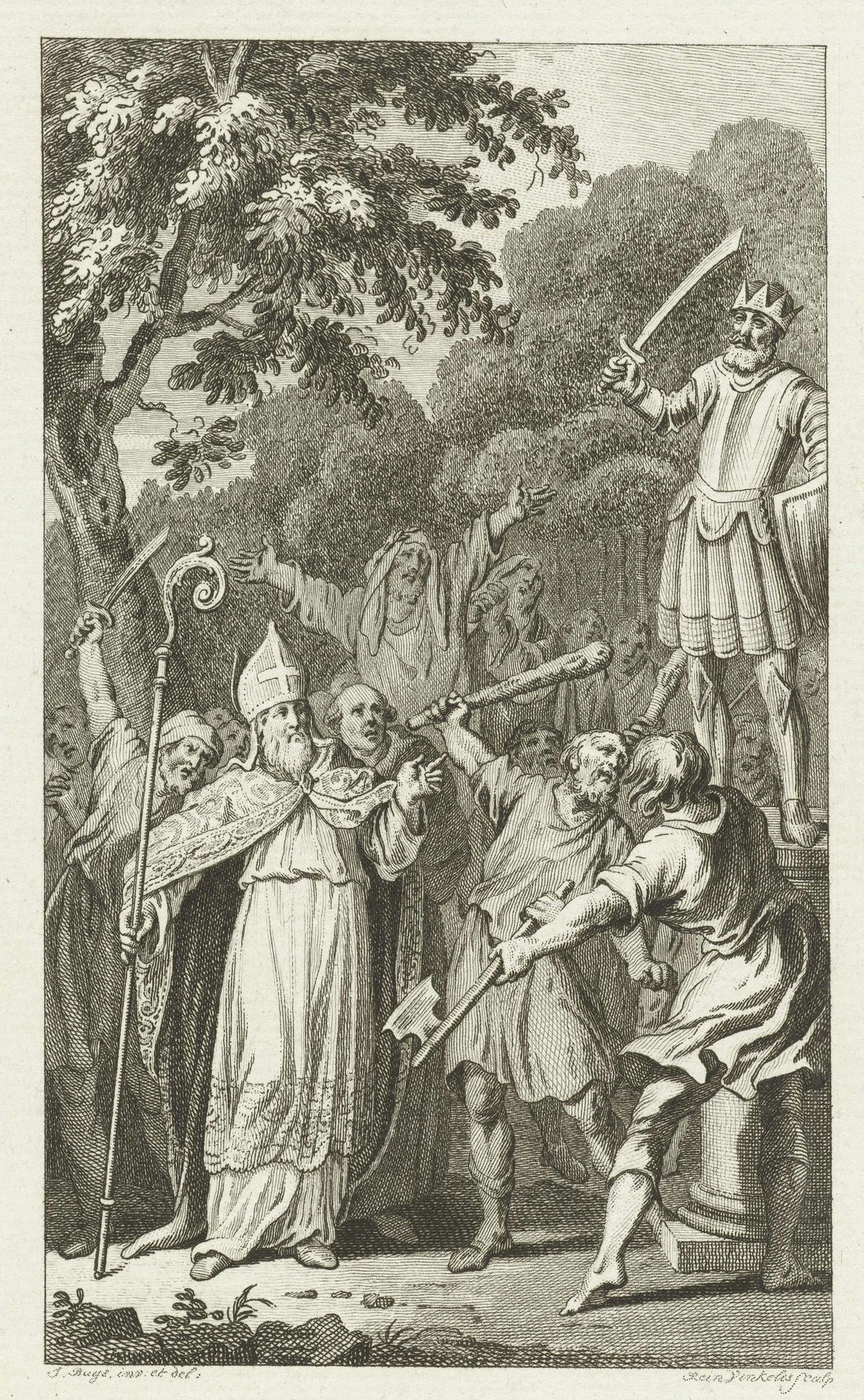 Op bevel van Willibrord wordt het afgodsbeeld van Wodan te Westkapelle verbrijzeld, 695 by Reinier Vinkeles
