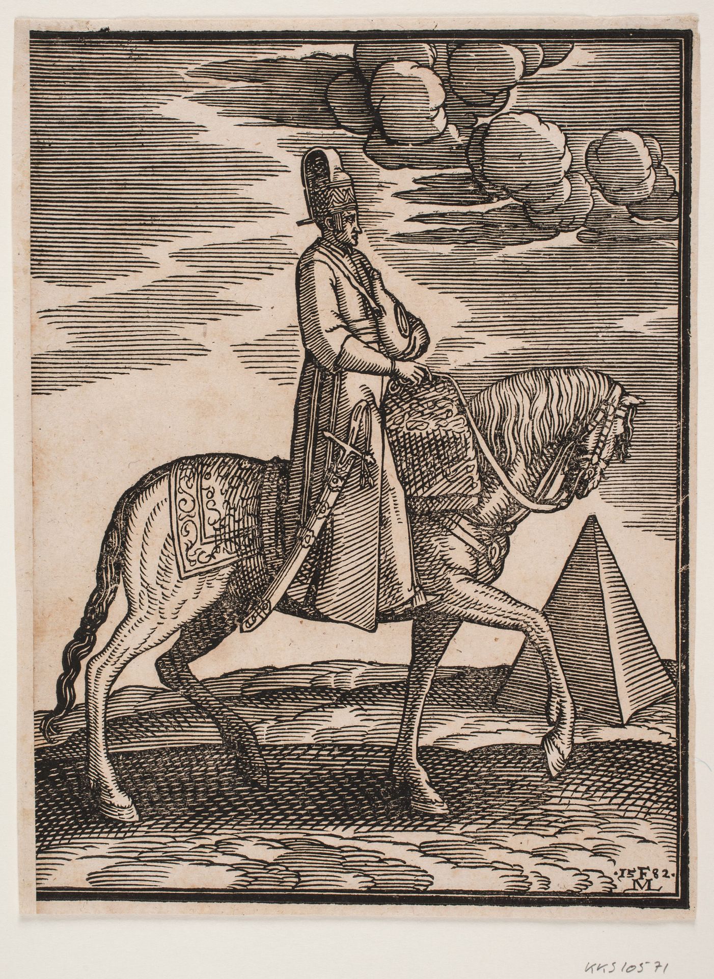 Rider with a flask around his neck, profile towards the right; a sword at his right side and baggage in front of him, draped across the saddle; to the right, in the background, a pyramid by Melchior Lorck