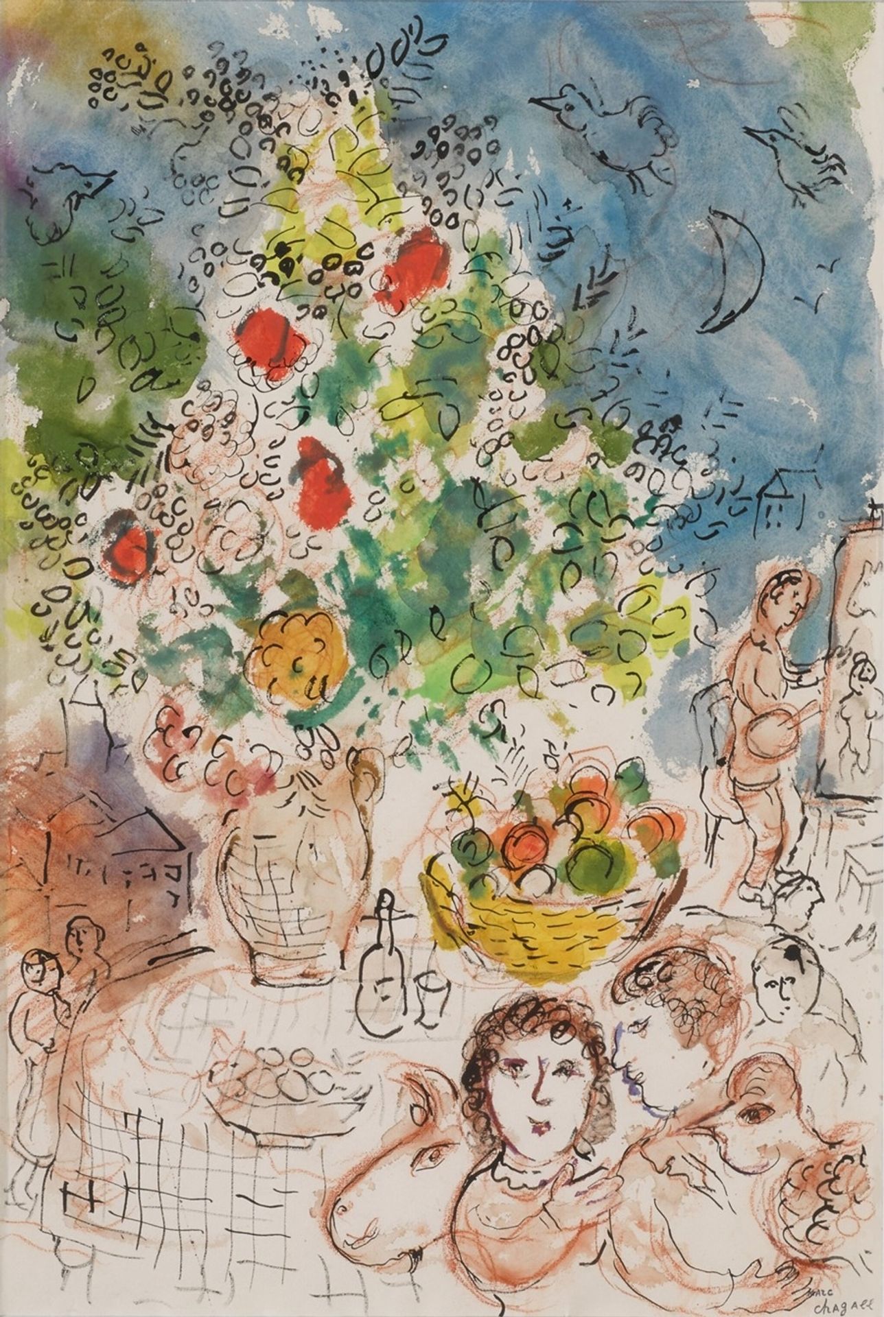Autour de la corbeille de fruits et le bouquet by Marc Chagall