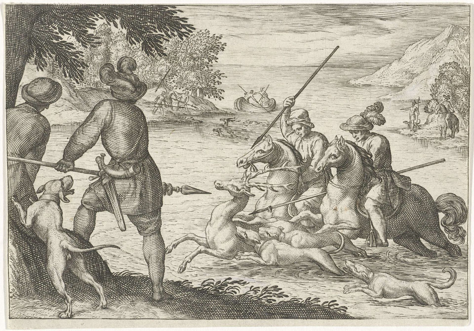 Rivierlandschap met hertenjacht by Egbert Jansz.