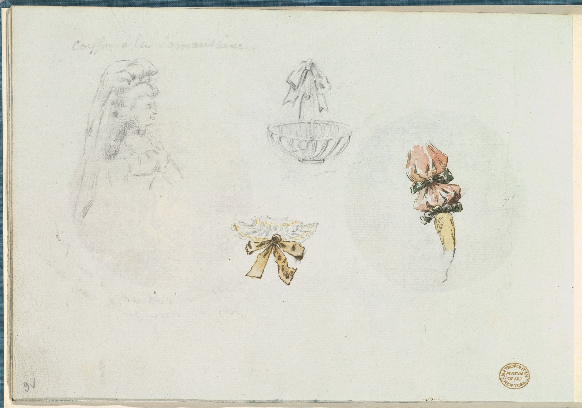 Four Costume Design Sketches of a Woman, a Basket, a Collar, and a Sleeve by Anonymous