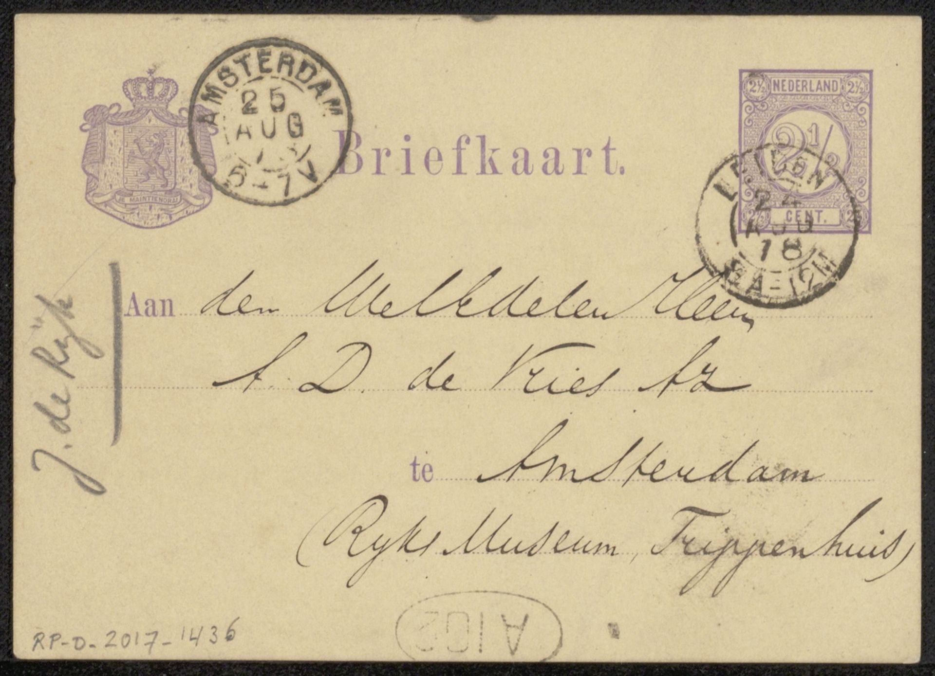 Briefkaart aan Adrianus Daniël de Vries Azn. by P.A. Tiele
