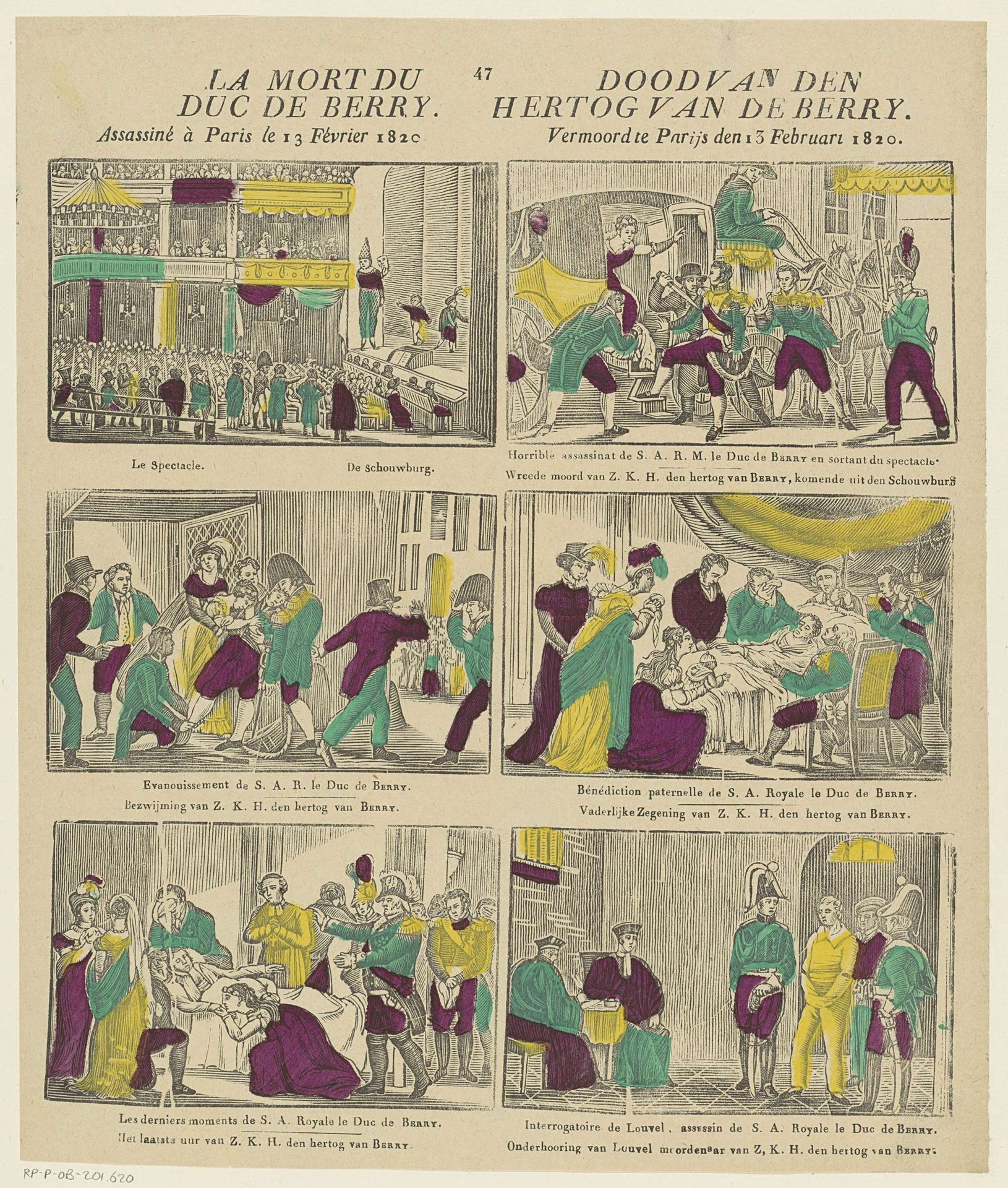 La mort du / Duc de Berry. / Assassiné à Paris le 13 Février 1820 / Dood van den / Hertog van de Berry. / Vermoord te Parijs den 13 Februari 1820 by Philippus Jacobus Brepols