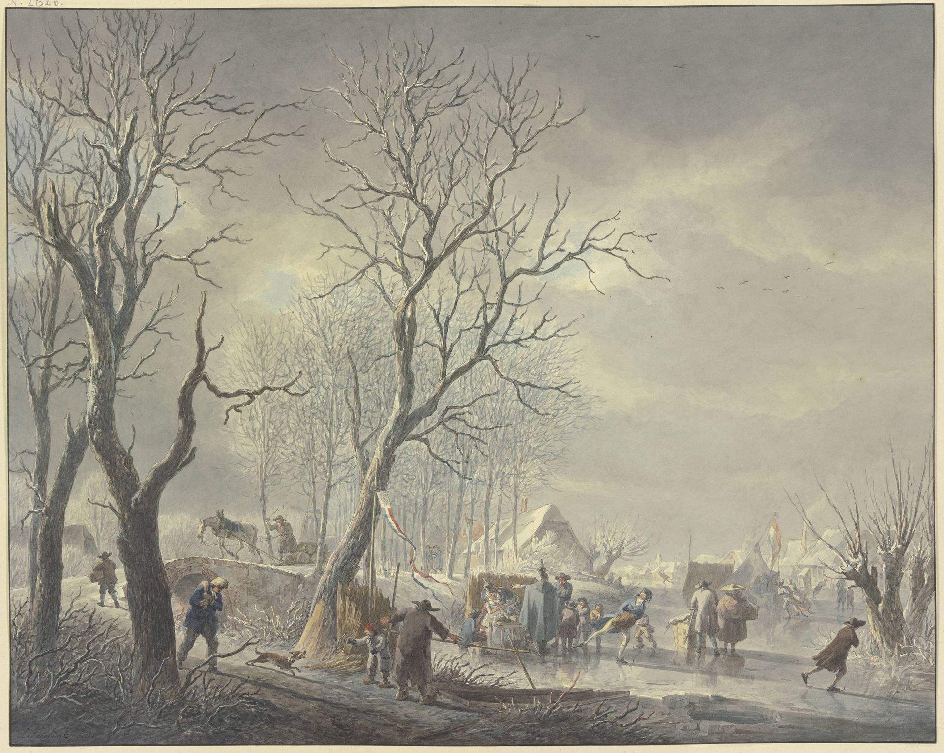Winterlandschaft, Schlittschuhläufer bei Zelten auf dem Kanal, ein Husar umarmt ein Getränke haltendes Mädchen by Abraham Teerlink