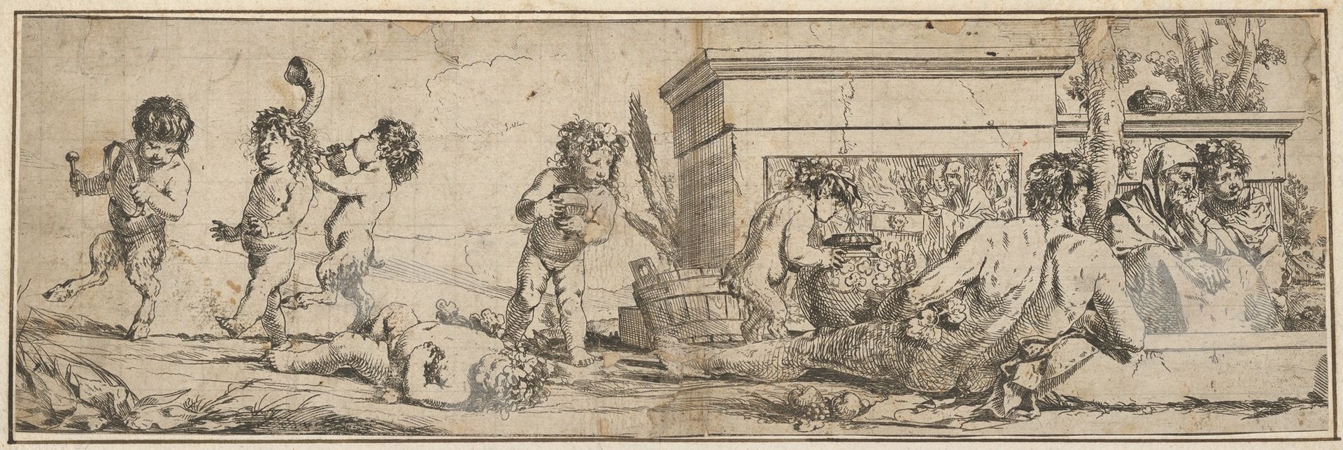 Bacchanal with infant satyrs and putti at left, a naked male figure reclines in front of a pedestal carved in bas-relief, two clothed figures look toward the right by Giulio Carpioni