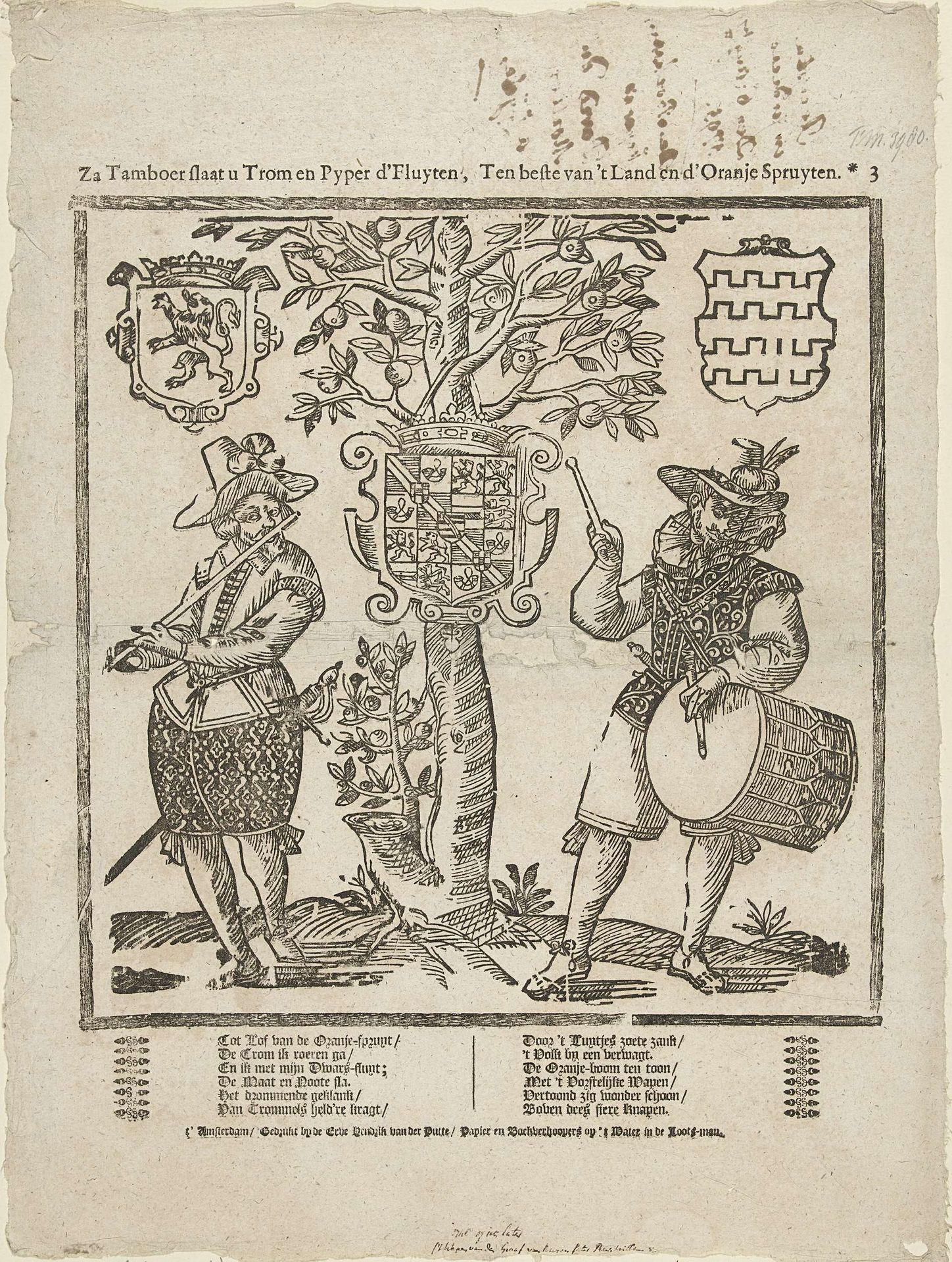 Za tamboer slaat u trom en pyper d'fluyten, Ten beste van 't land en d'Oranje spruyten by Erven Hendrik van der Putte