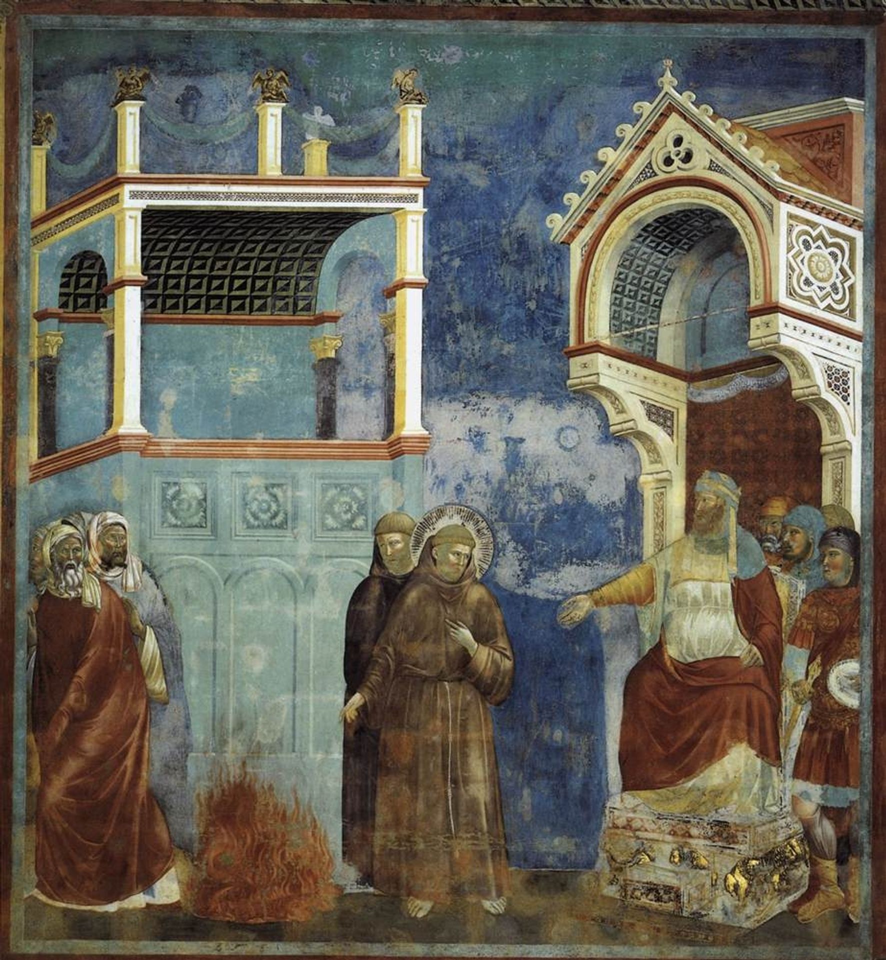 The Trial by Fire, St. Francis offers to walk through fire, to convert the Sultan of Egypt by Giotto
