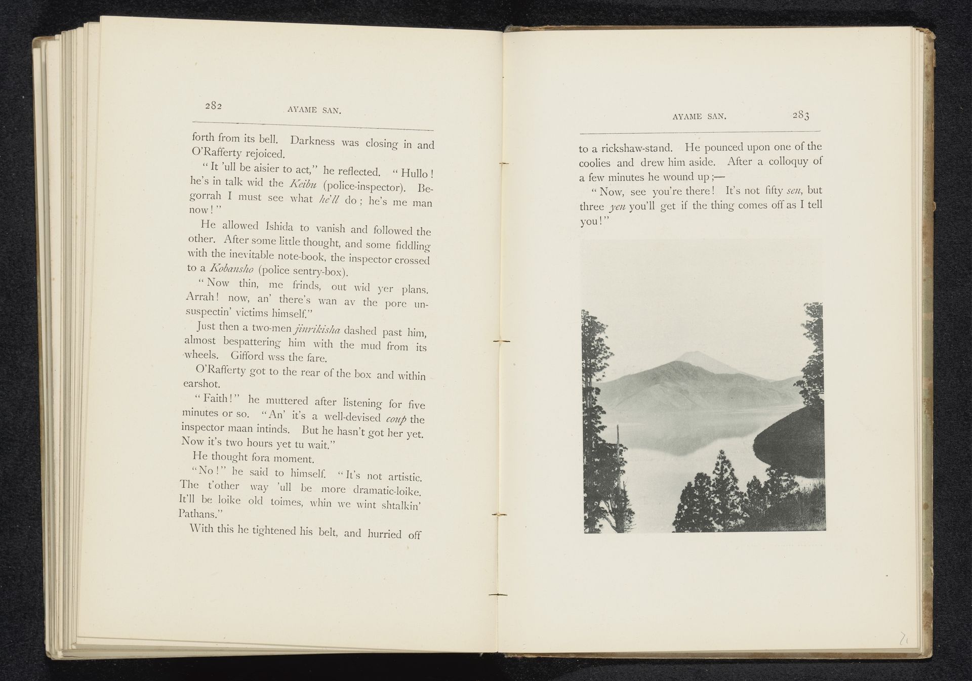 Gezicht op een meer te Japan, met op de achtergrond de berg Fuji by William Kinnimond Burton