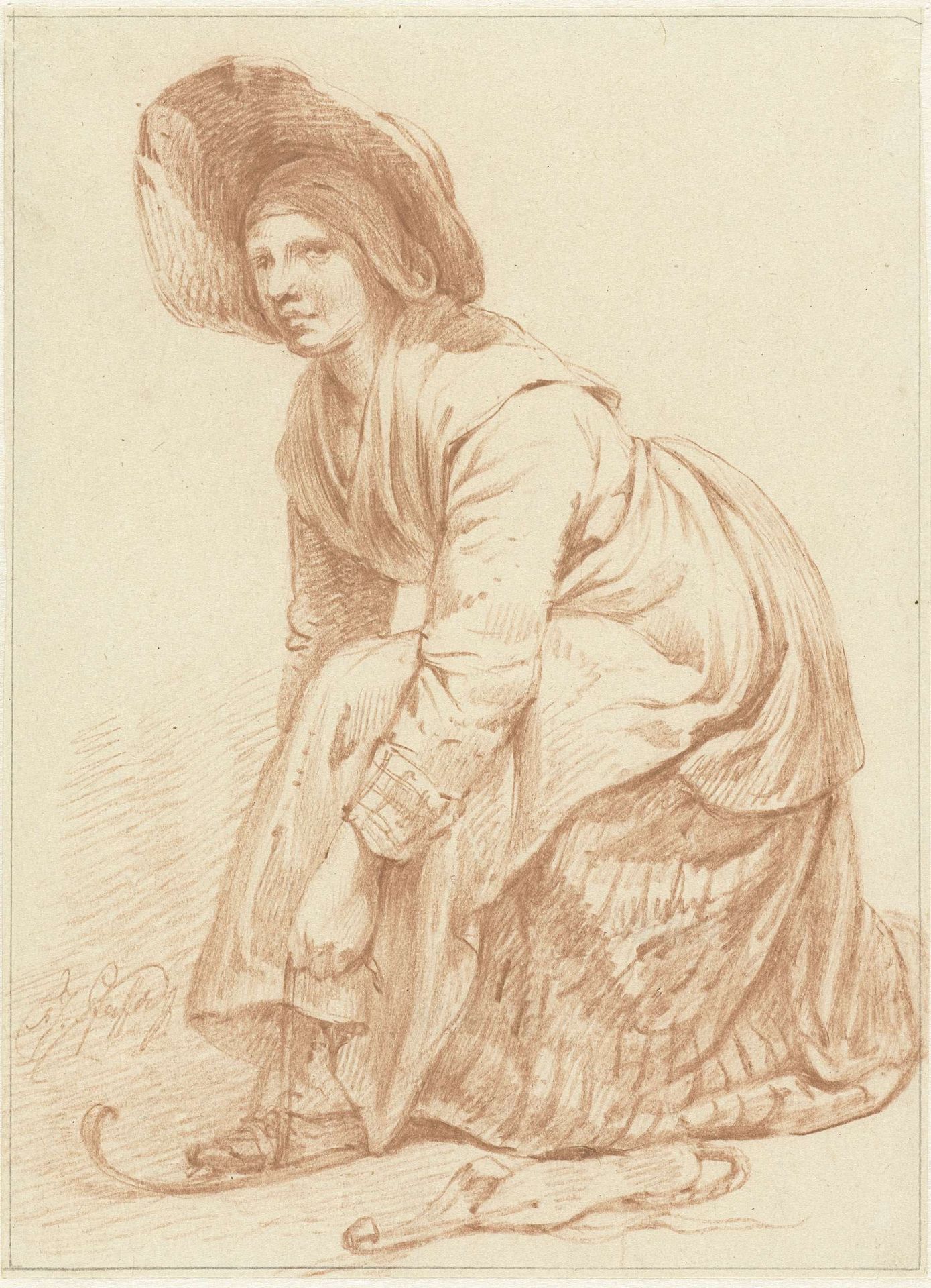 Knielende vrouw die haar schaatsen ombindt by François Joseph (II) Pfeiffer