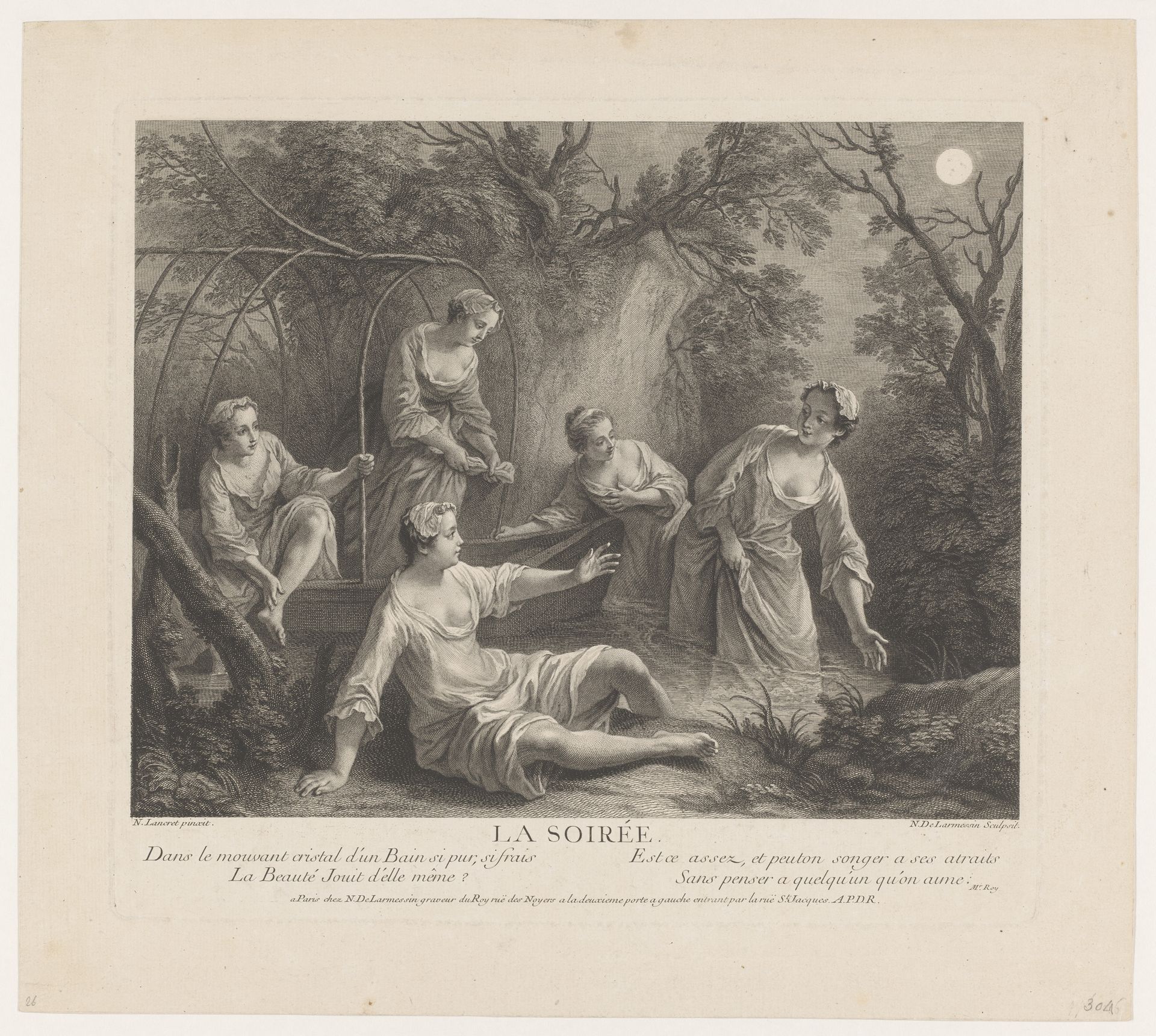 Avond: vijf badende vrouwen in een rivier bij volle maan by Nicolas de (III) Larmessin