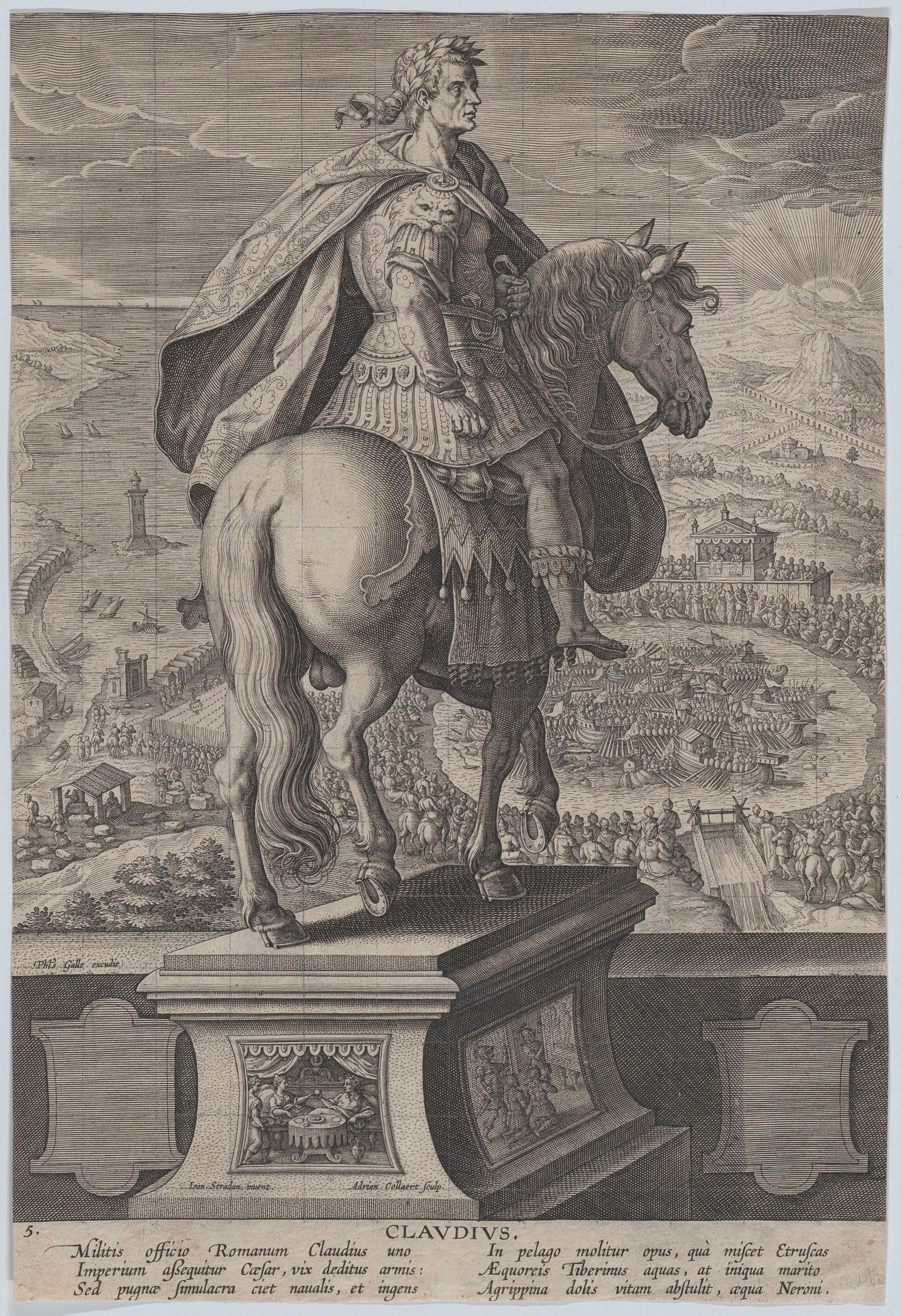 Plate 5: equestrian statue of Claudius, seen from behind, a naval competition at right in the background, from 'Roman Emperors on Horseback' by Adriaen Collaert