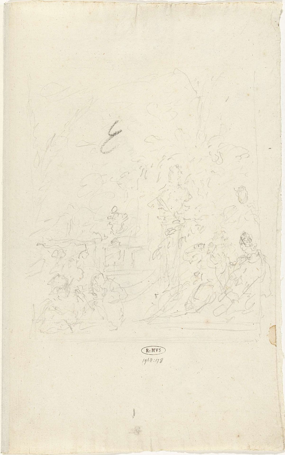 Personen op een terras bij een standbeeld by Dionys van Nijmegen