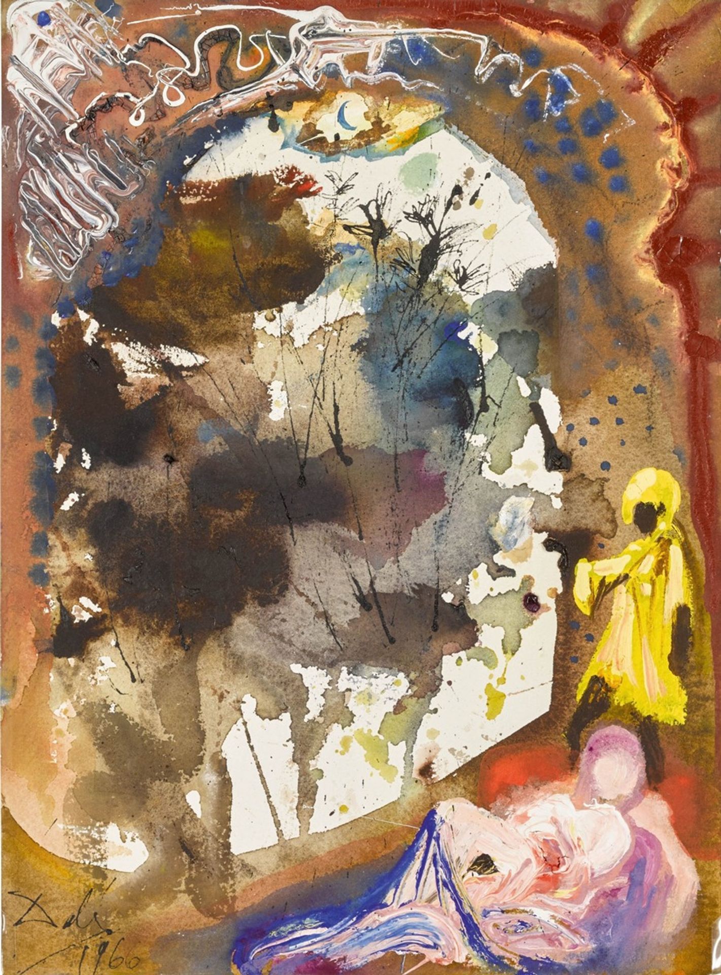 Sans titre, deux figures et architecture or Finestra di veranda con uccelli neri e due figure by Salvador Dalí