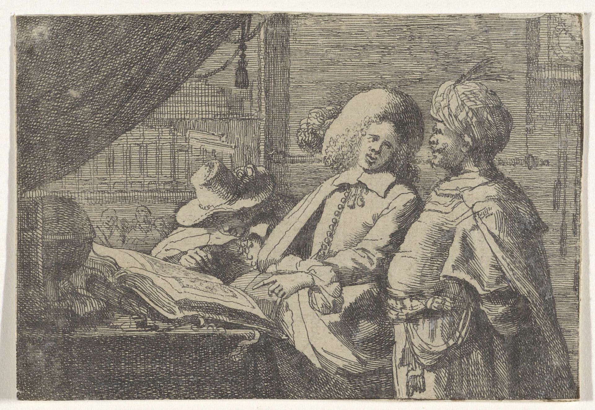 Drie mannen rond een boek in een kantoor by Cornelis Visscher