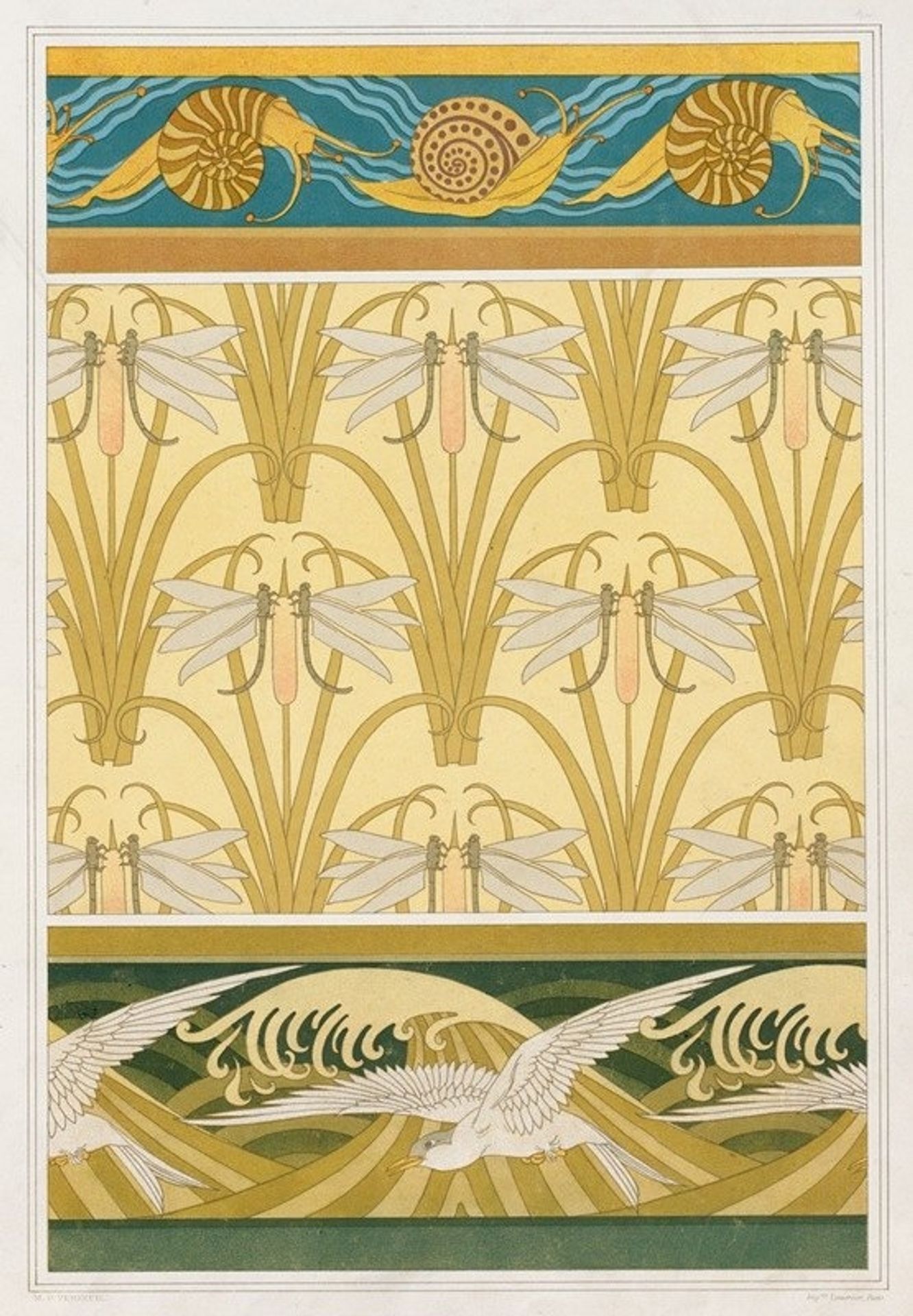 Escargots, bordure. Libellule et roseaux, papier peint. Mouettes, bordure. by Maurice Pillard Verneuil