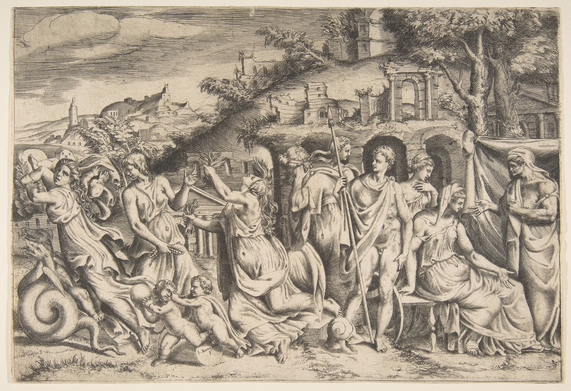 The story of Jason and Medea: at the left she carries off her son, in the middle she is shown in her madness, Jason stands at the right by Giulio Bonasone