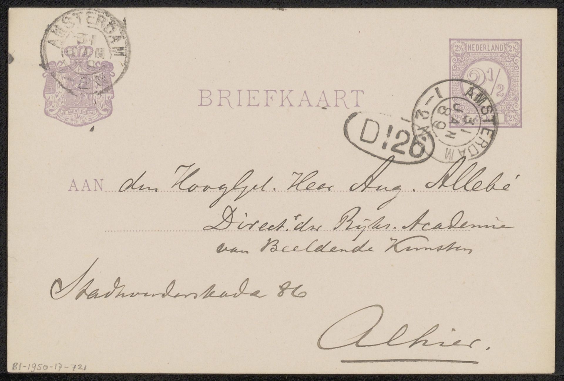 Briefkaart aan August Allebé by Jérôme Alexander Sillem