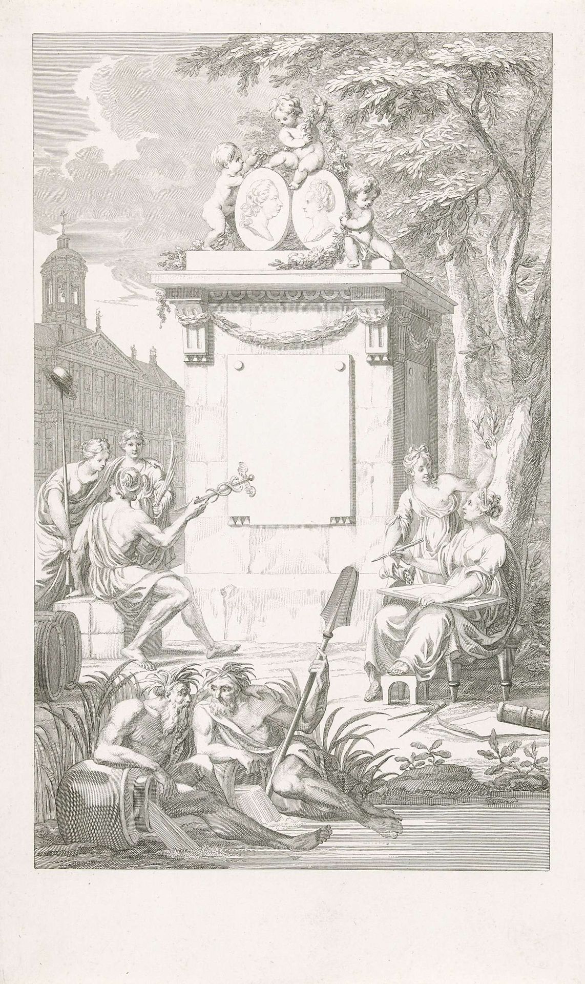 Titelprent voor de prentserie van de inhaling van Willem V en Wilhelmina van Pruisen te Amsterdam, 1768 by Reinier Vinkeles