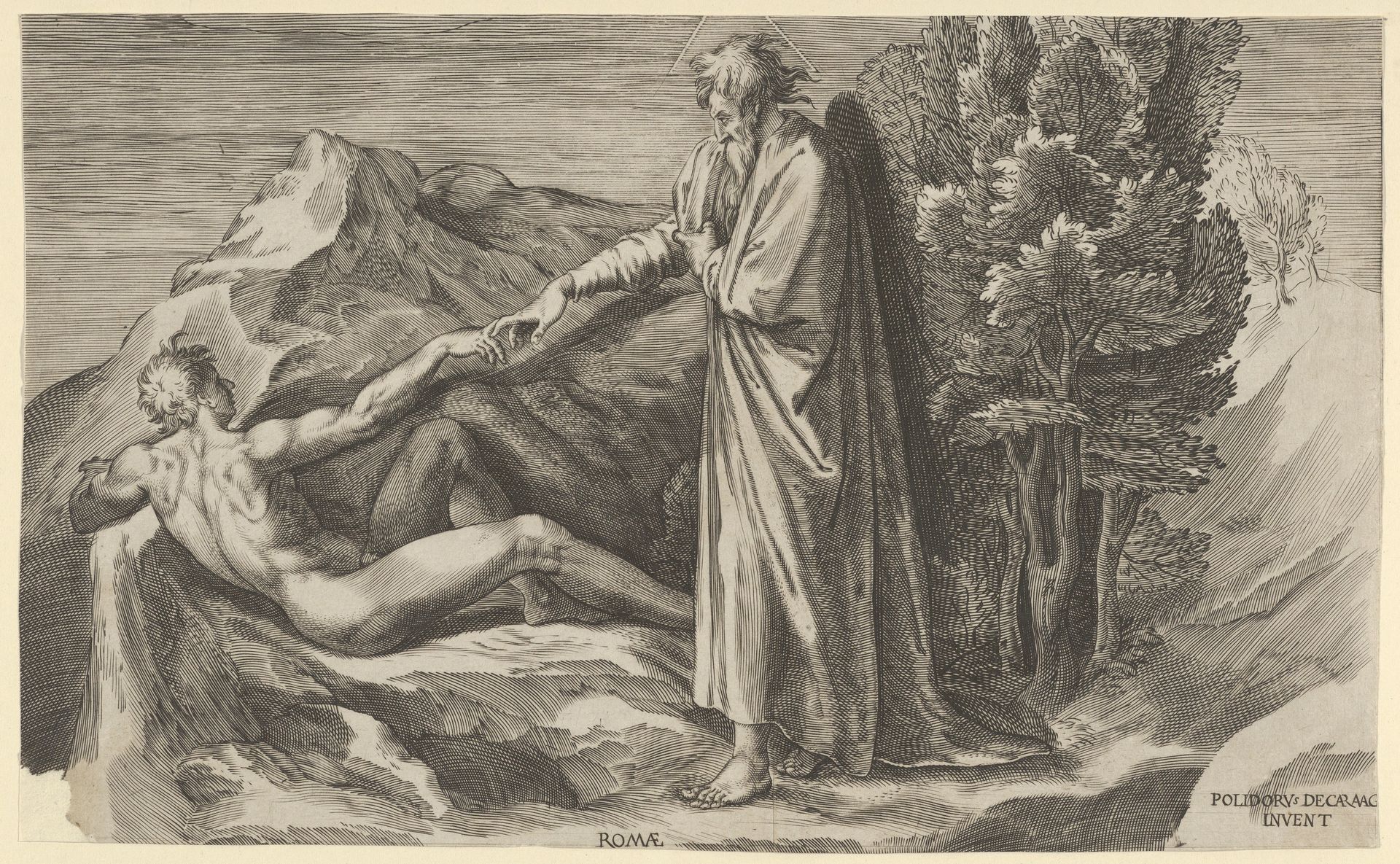 The Creation of Adam who reclines at left and touching the hand of God by Cherubino Alberti