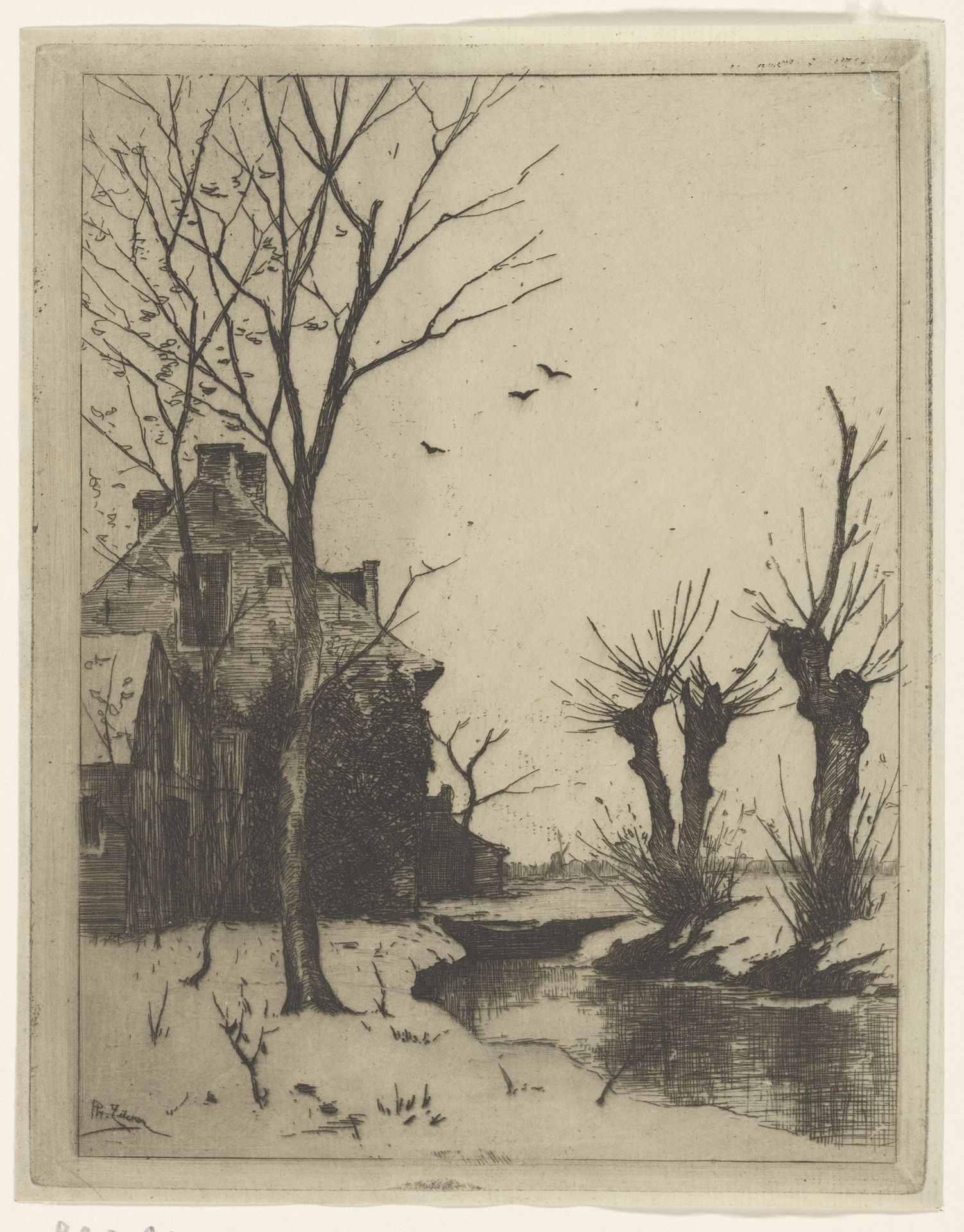 Gezicht op een huis, sloot en knotwilgen in de sneeuw by Philip Zilcken