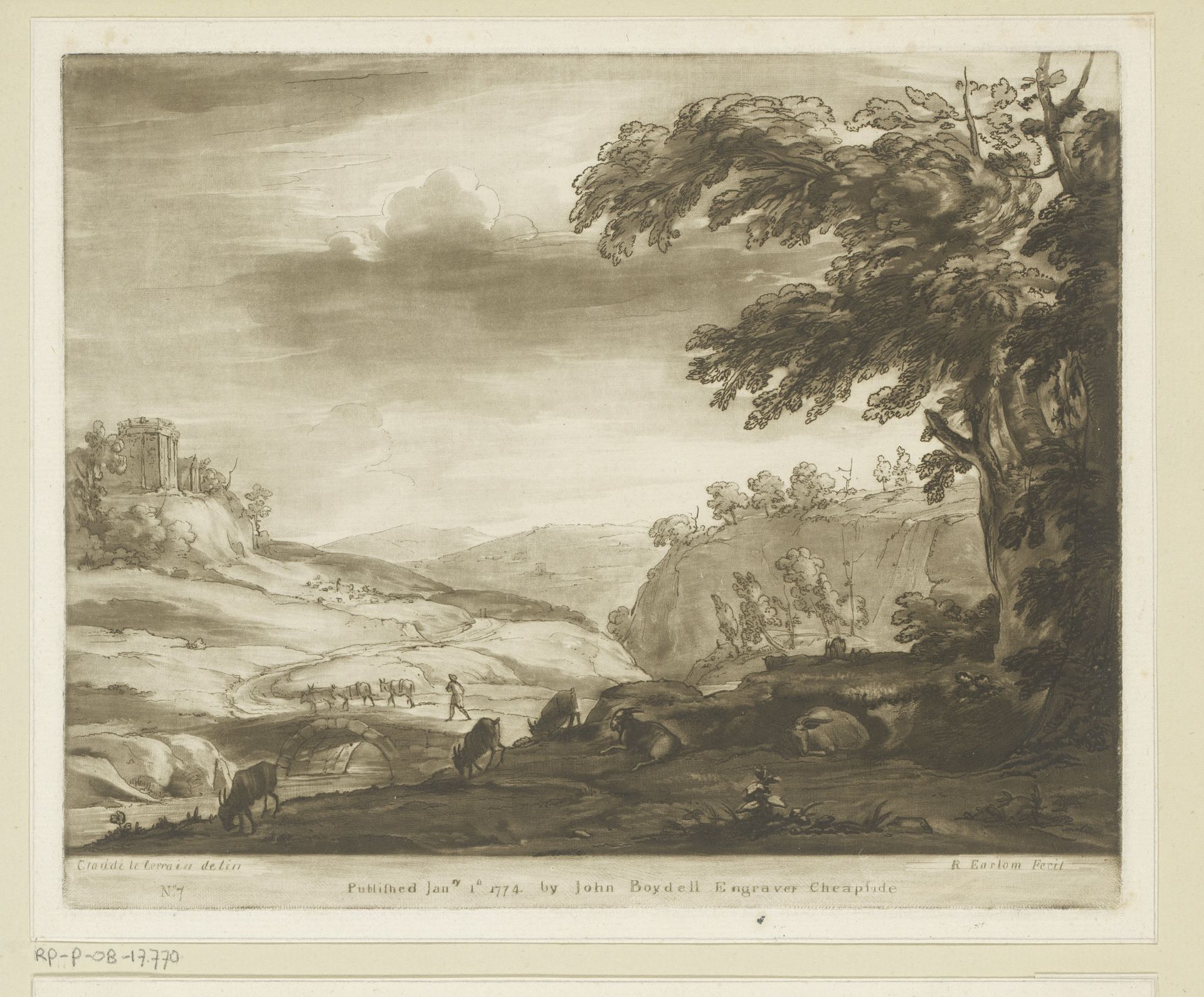 Bergachtig landschap met brug over een rivier, herder en geiten by Richard Earlom