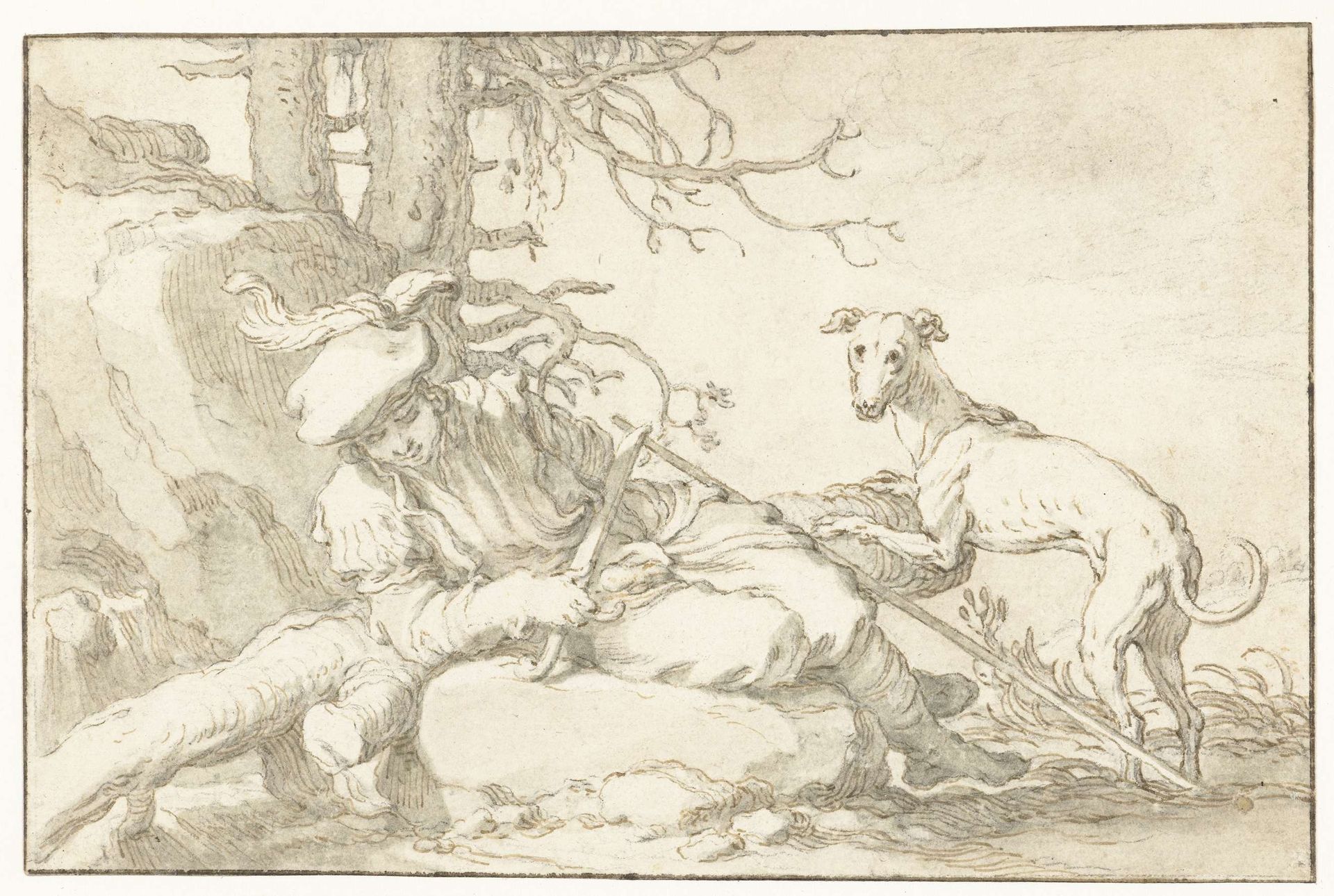 Rustende jager met hond by Abraham Bloemaert