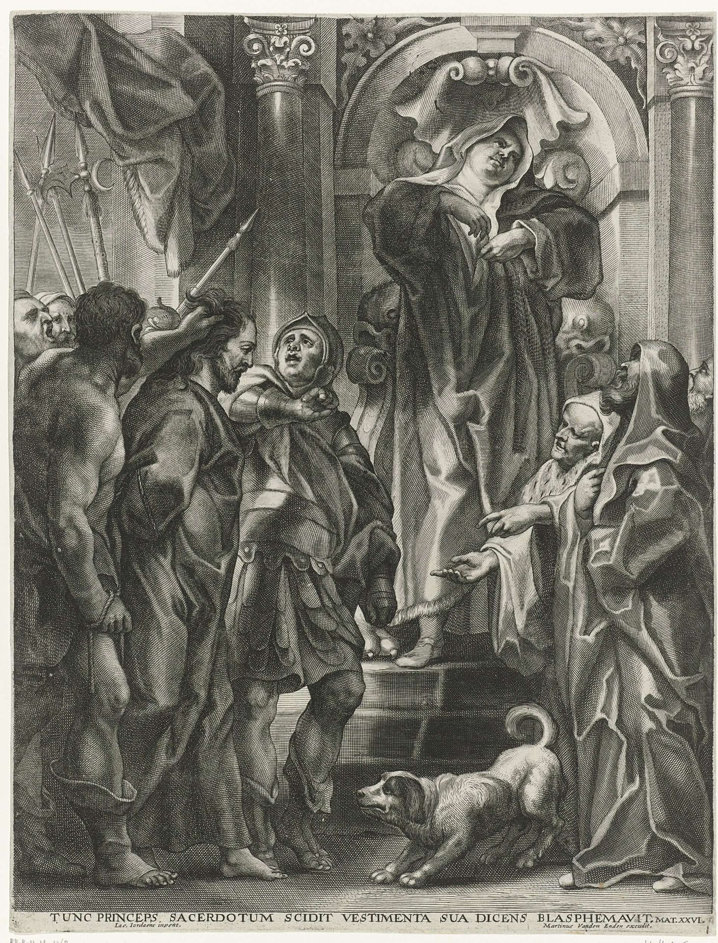 Christus voor Kajafas die zijn kleren verscheurt by Marinus Robyn van der Goes