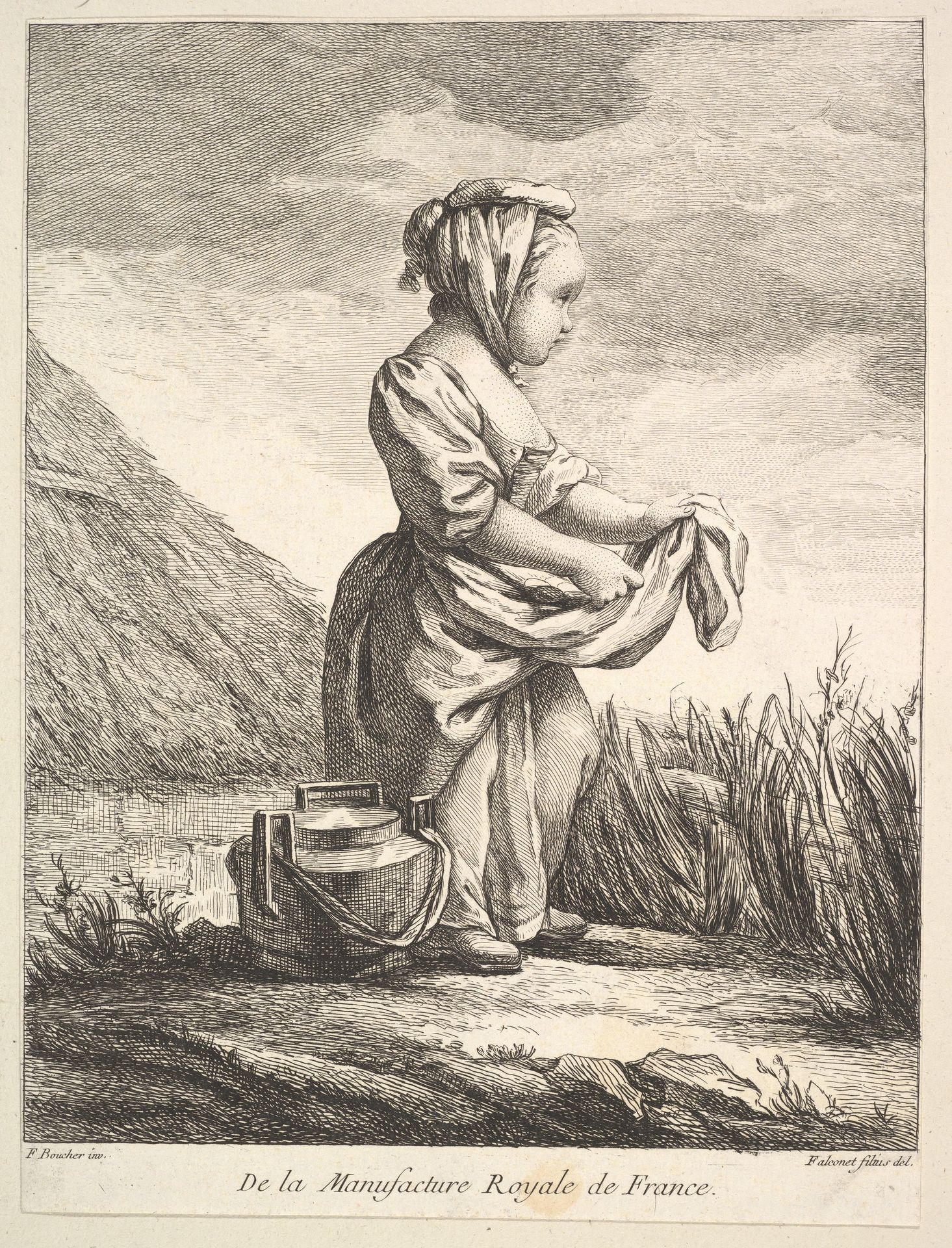 Little girl with a vessel by her feet, from Premier Livre de Figures d'après les porcelaines de la Manufacture Royale de France, inventées en 1757, par Mr. Boucher (First Book of Figures after porcelains from the Manufacture Royale de France, devised in 1757, by Mr. Boucher) by Pierre Etienne Falconet