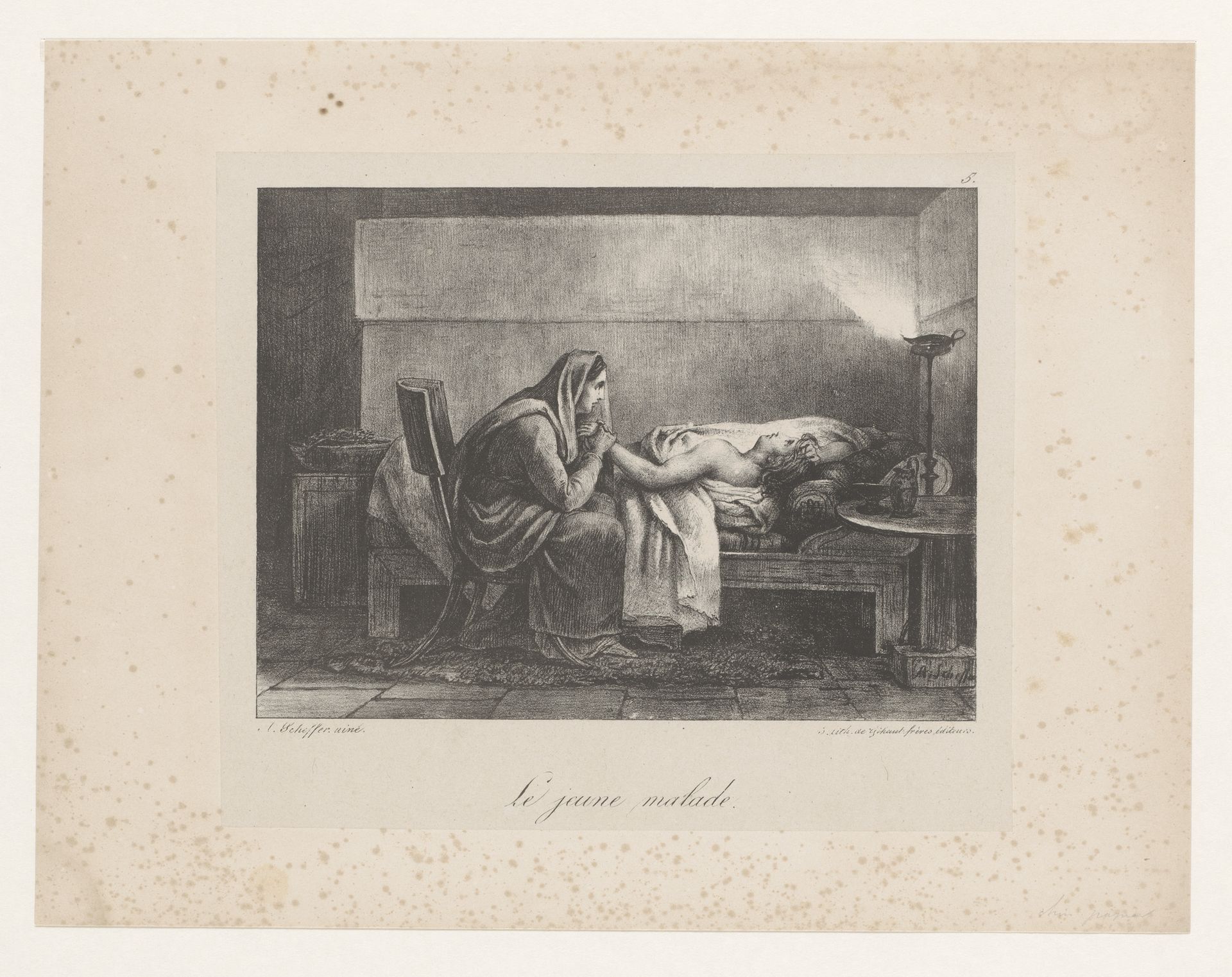 Vrouw zit naast zieke jongeman in bed by Ary Scheffer