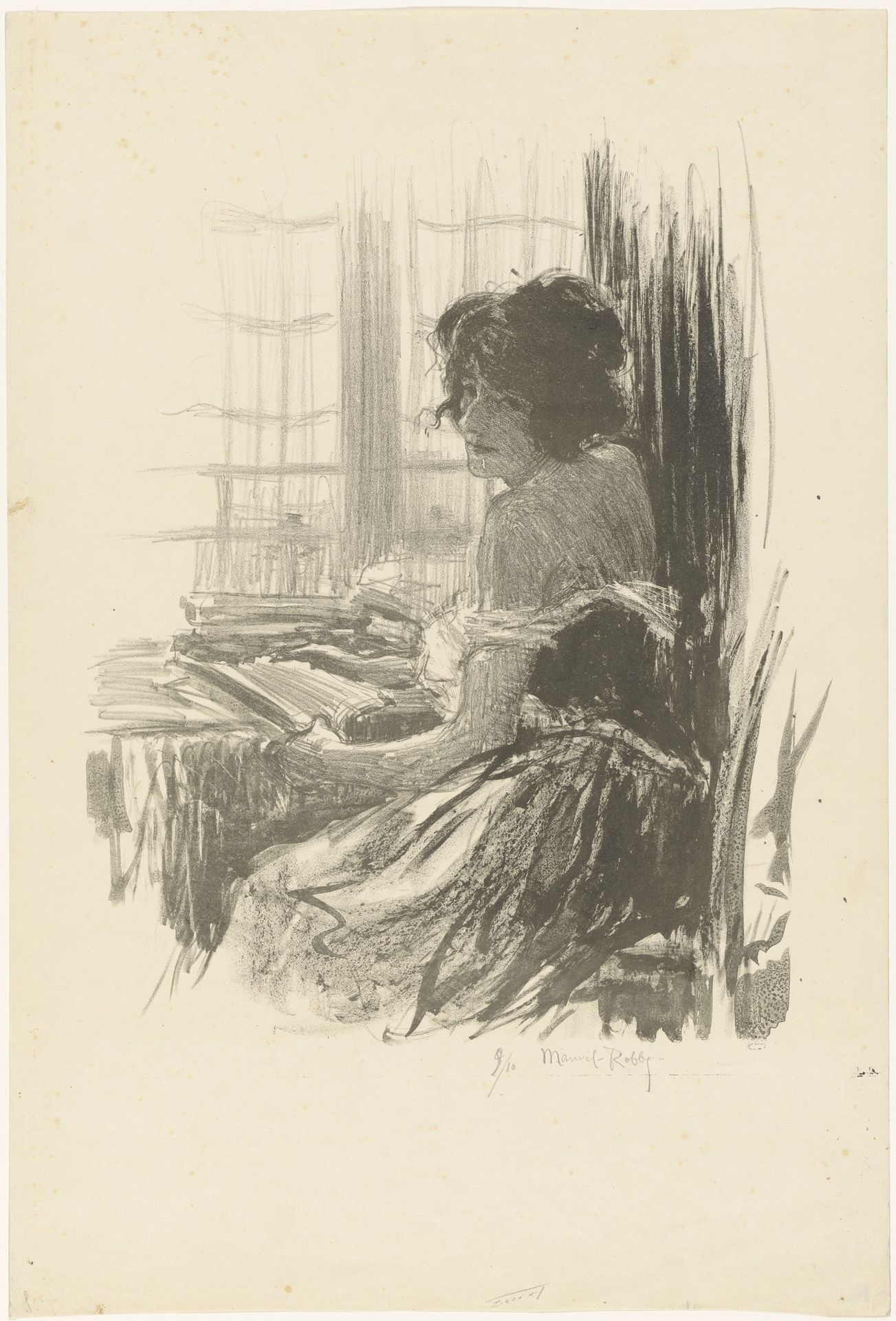 Lezende vrouw achter een tafel voor het raam by Manuel Robbe
