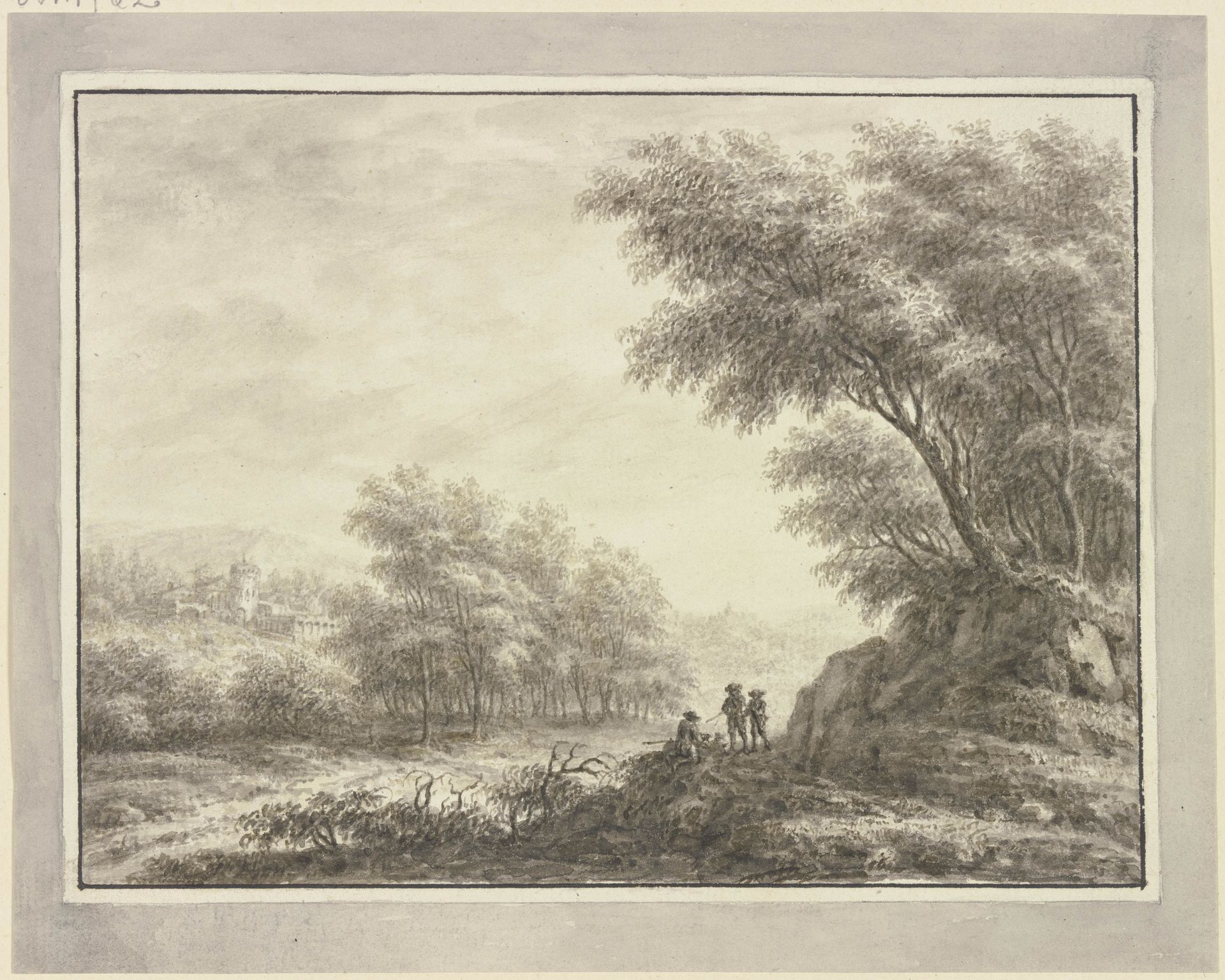 Waldweg mit drei Jägern, links Durchblick auf eine Schloßanlage by Johann Caspar Zehender